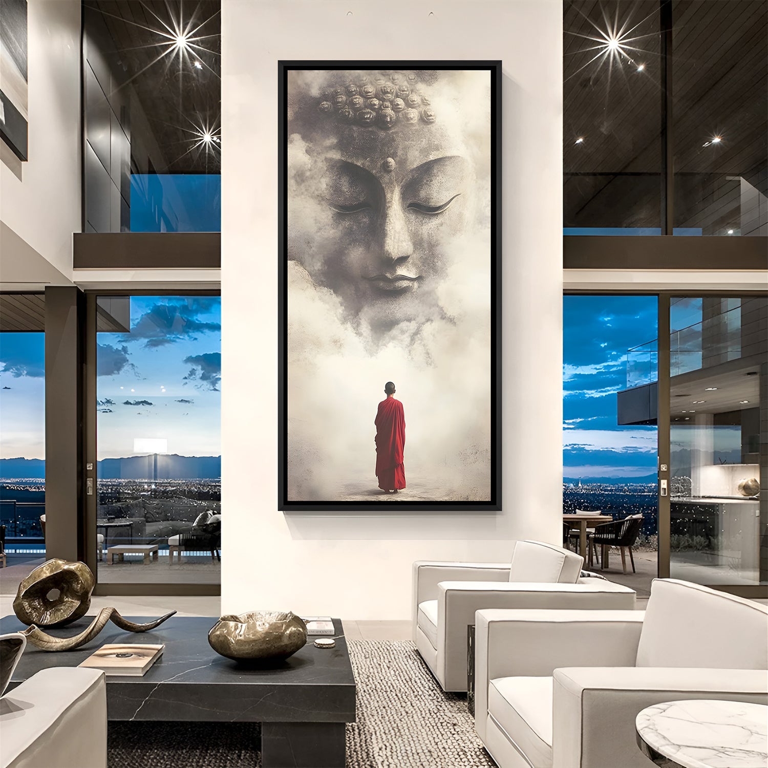Modern Buddha and monk meditation artwork in black frame with soft neutral tones.