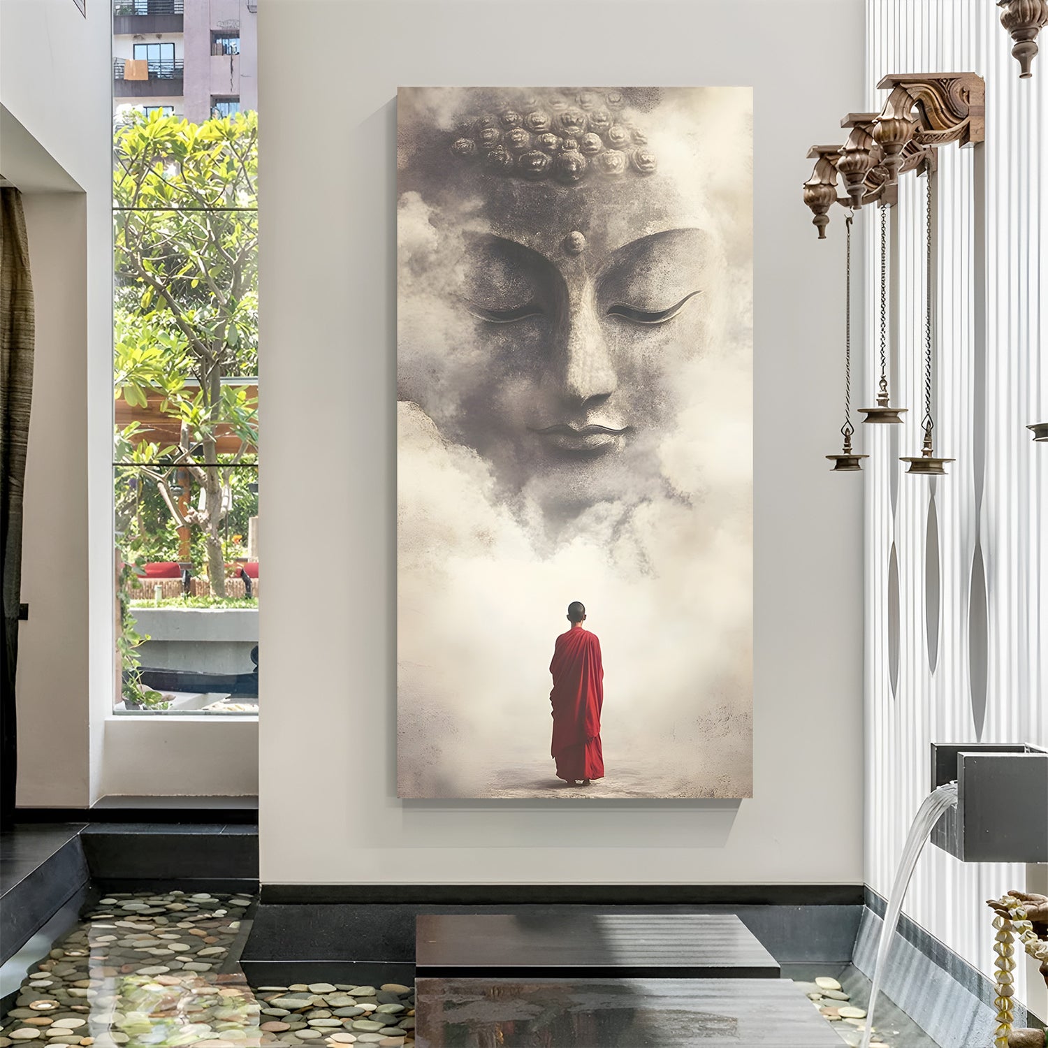 Vertical spiritual wall art featuring monk in red robe beneath misty Buddha face.