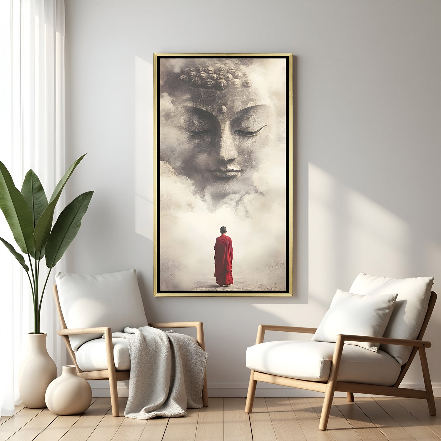 Contemplative monk and Buddha canvas art in white frame for serene interiors.