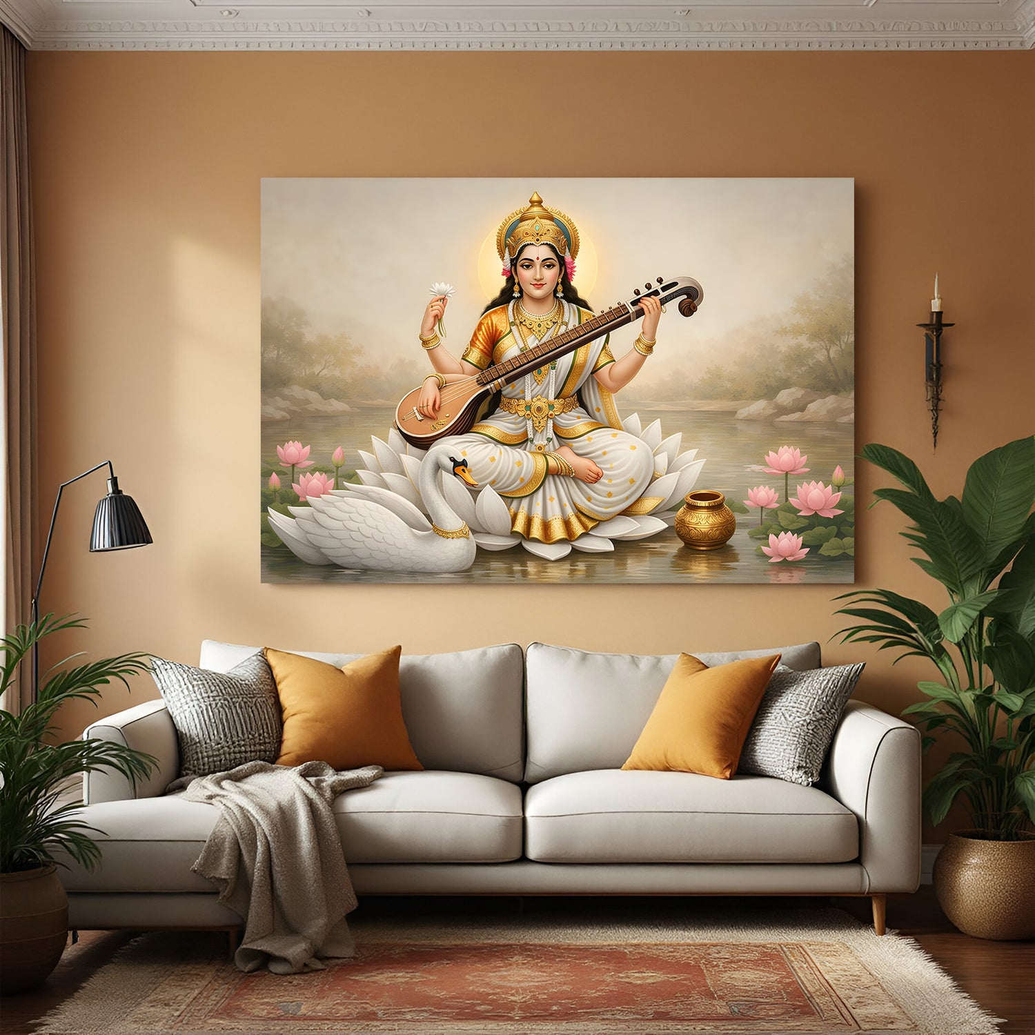 Saraswati seated on lotus with swan and veena canvas wrapped wall art above sofa.