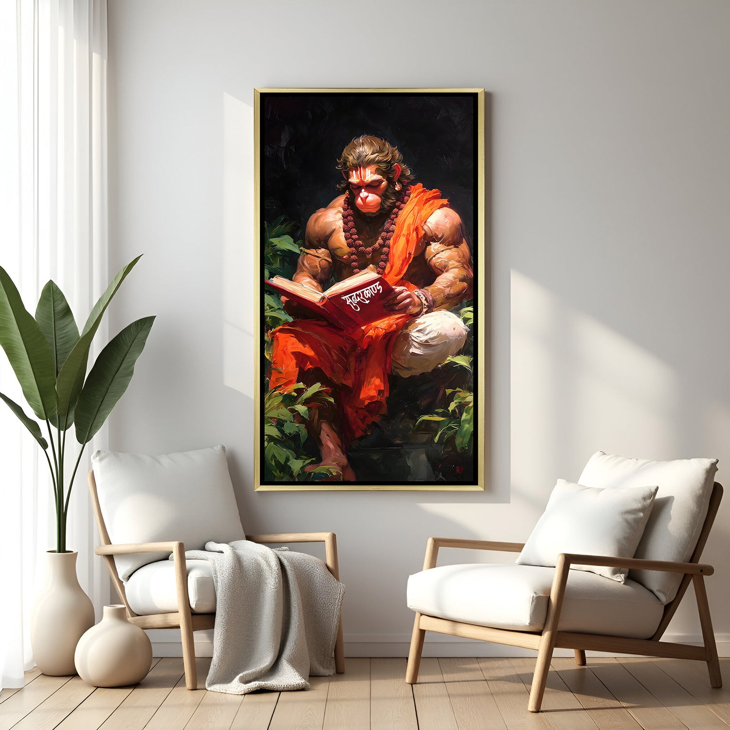 Spiritual Hanuman Ji scripture wall art in premium gold frame.