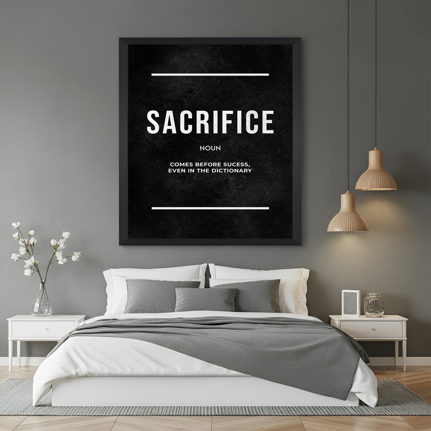 Sacrifice comes before success motivational canvas wall art with black floater frame