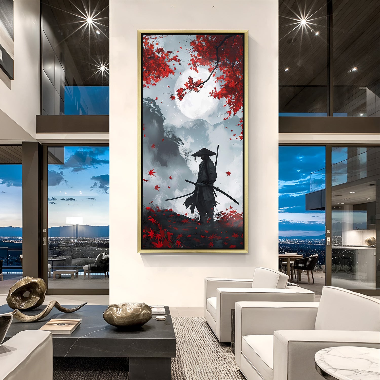 Golden frame canvas art showing samurai silhouette and blossoms, modern warrior-style decor for sophisticated and symbolic wall styling