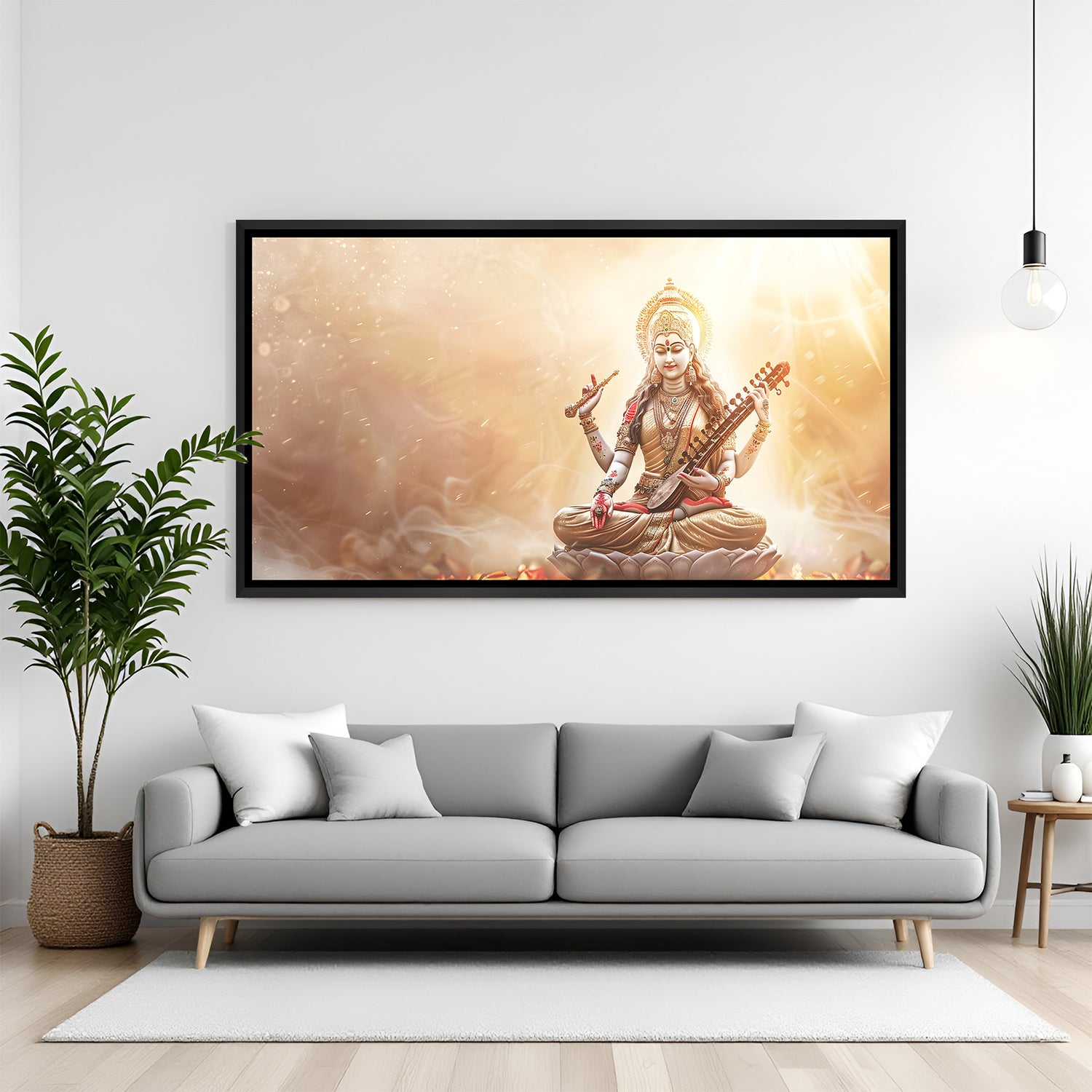 Radiant Saraswati veena artwork in modern black floater frame for elegant interiors.