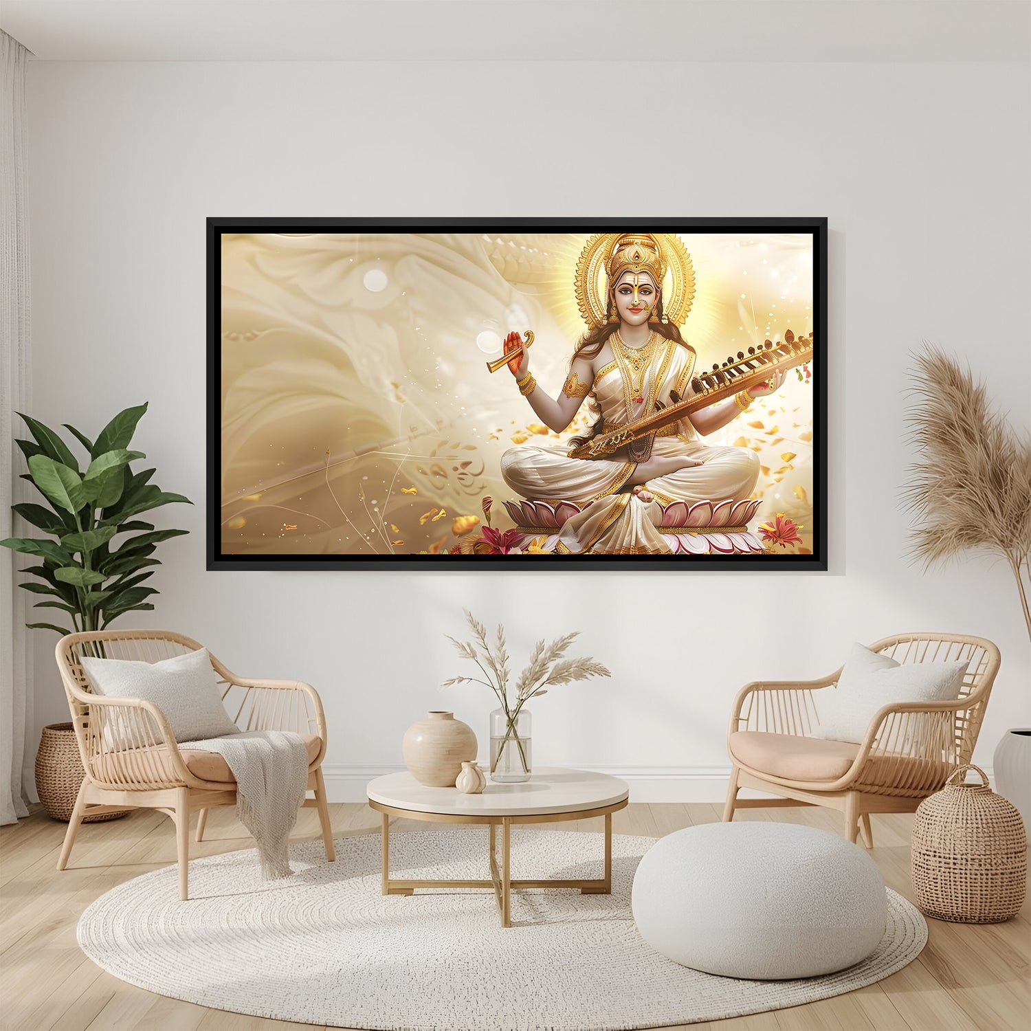 Golden Saraswati veena artwork displayed in sleek black floater frame.