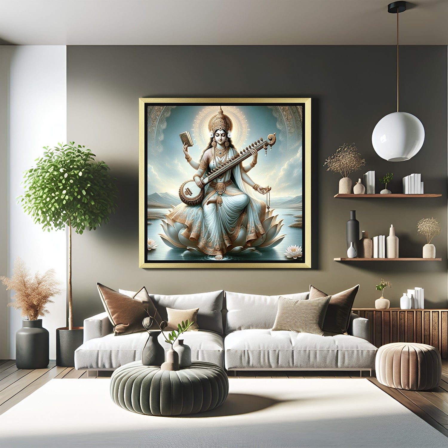 Golden floater frame Goddess Saraswati canvas painting for home, office, or study area, ideal for Vastu decor and divine knowledge