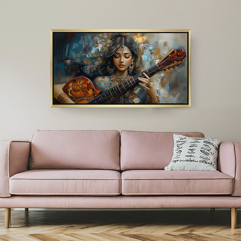 Golden frame Maa Saraswati wall painting representing wisdom, learning, and spiritual energy for vastu-compliant decor