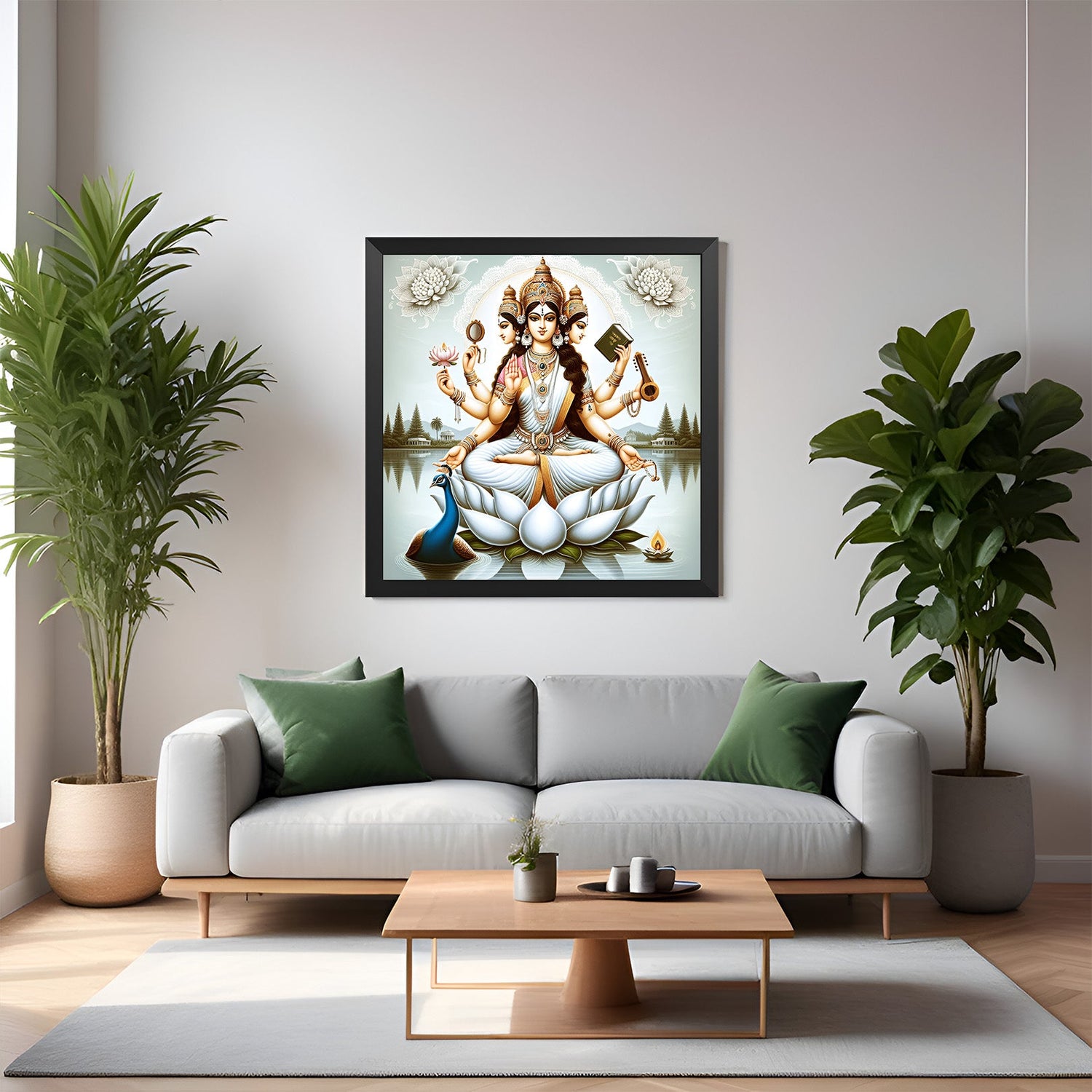 Goddess Saraswati Canvas Painting in black floater frame, perfect for Vastu-inspired decor in study rooms and creative home workspaces