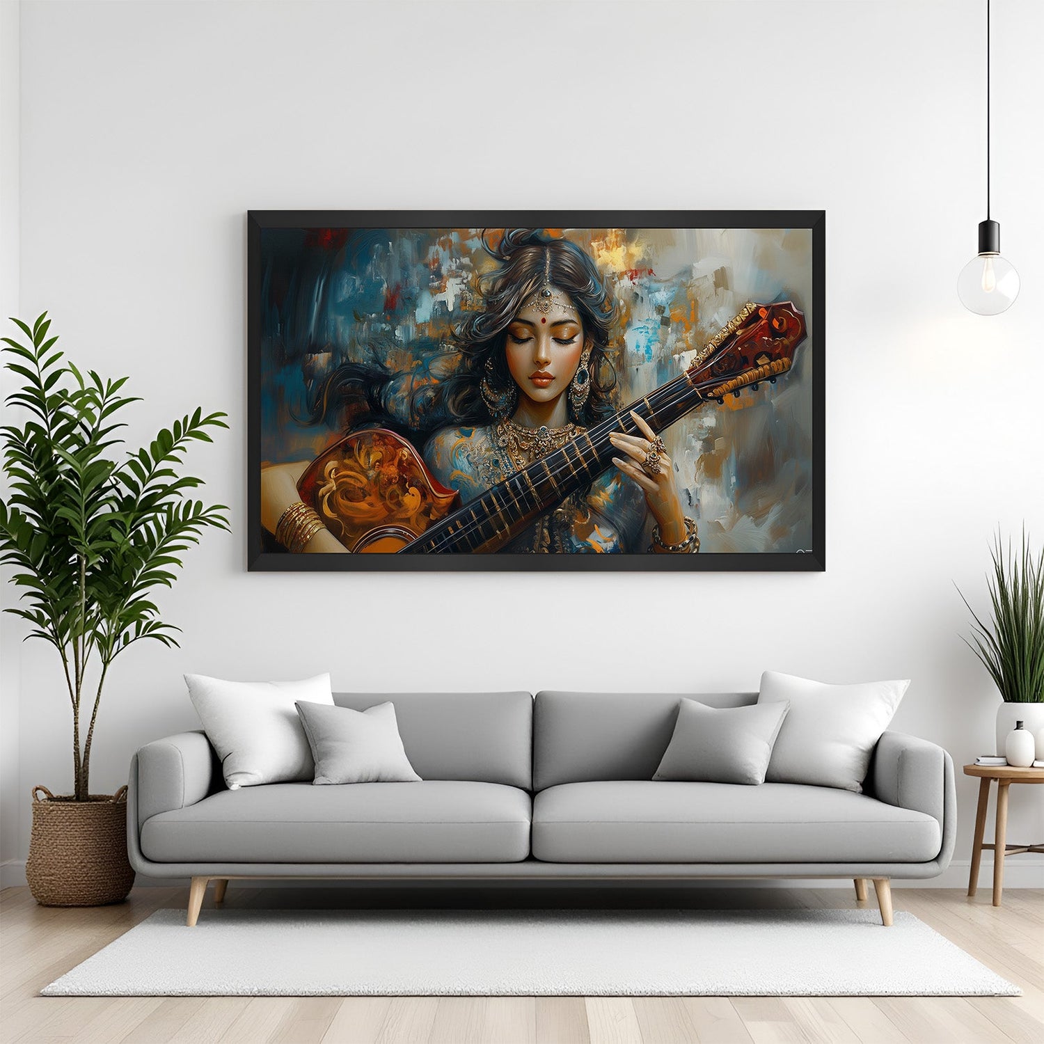 Black frame Maa Saraswati canvas artwork for vastu-inspired knowledge flow, calmness, and sacred energy in study or home spaces