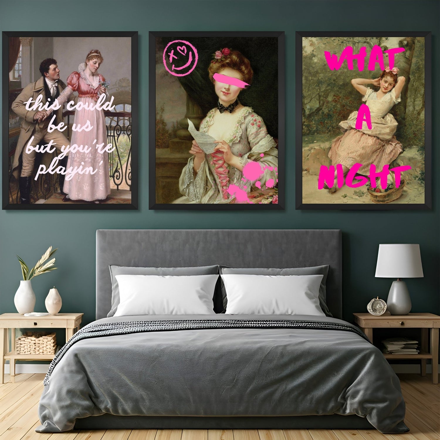 Wall display of a set of 3 canvas prints blending sarcasm, paint splash creativity, and emotional reflection – perfect for expressive modern interiors