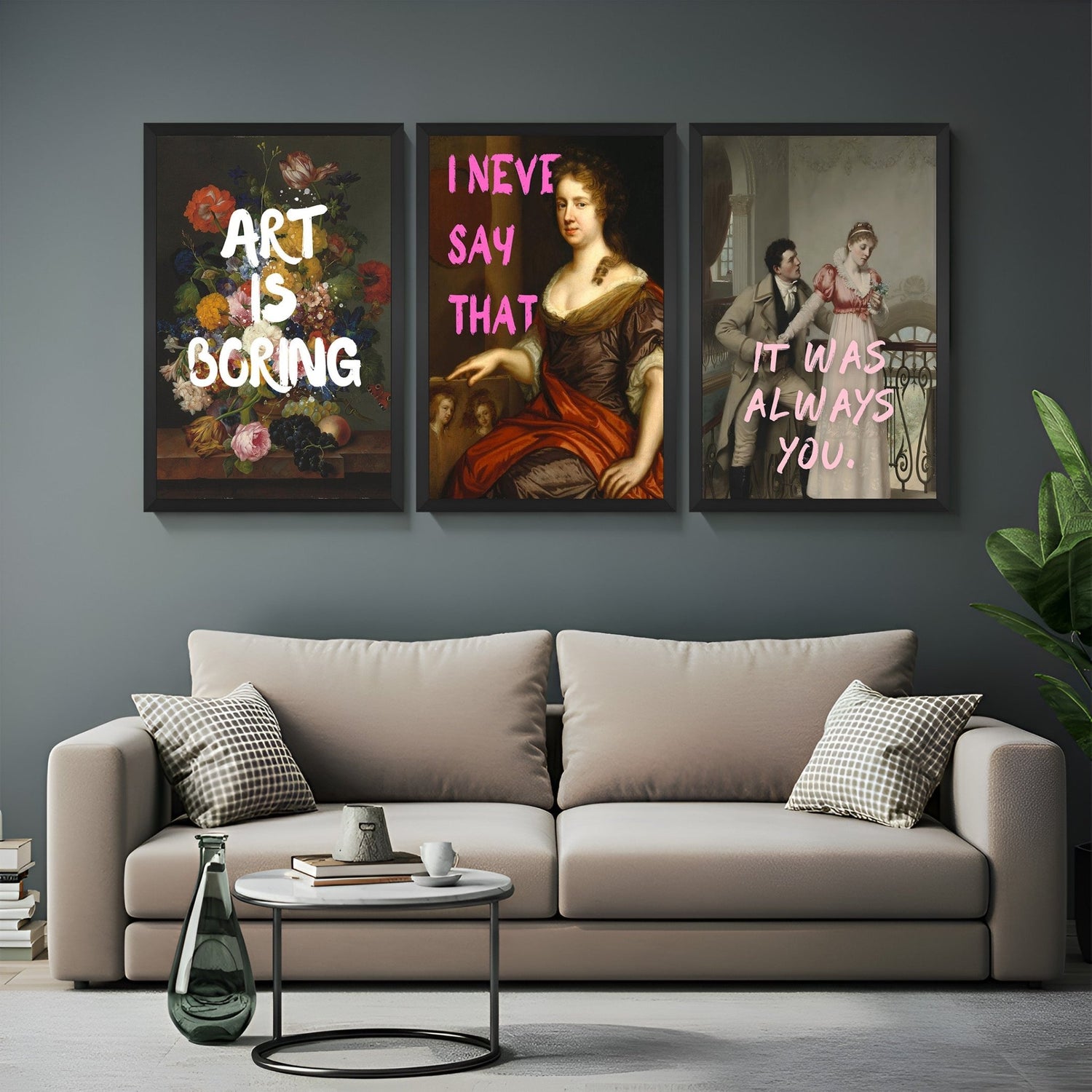 Wall display of a set of 3 altered art prints featuring humor, denial, and emotional quotes, designed for bold, modern, and expressive home decor