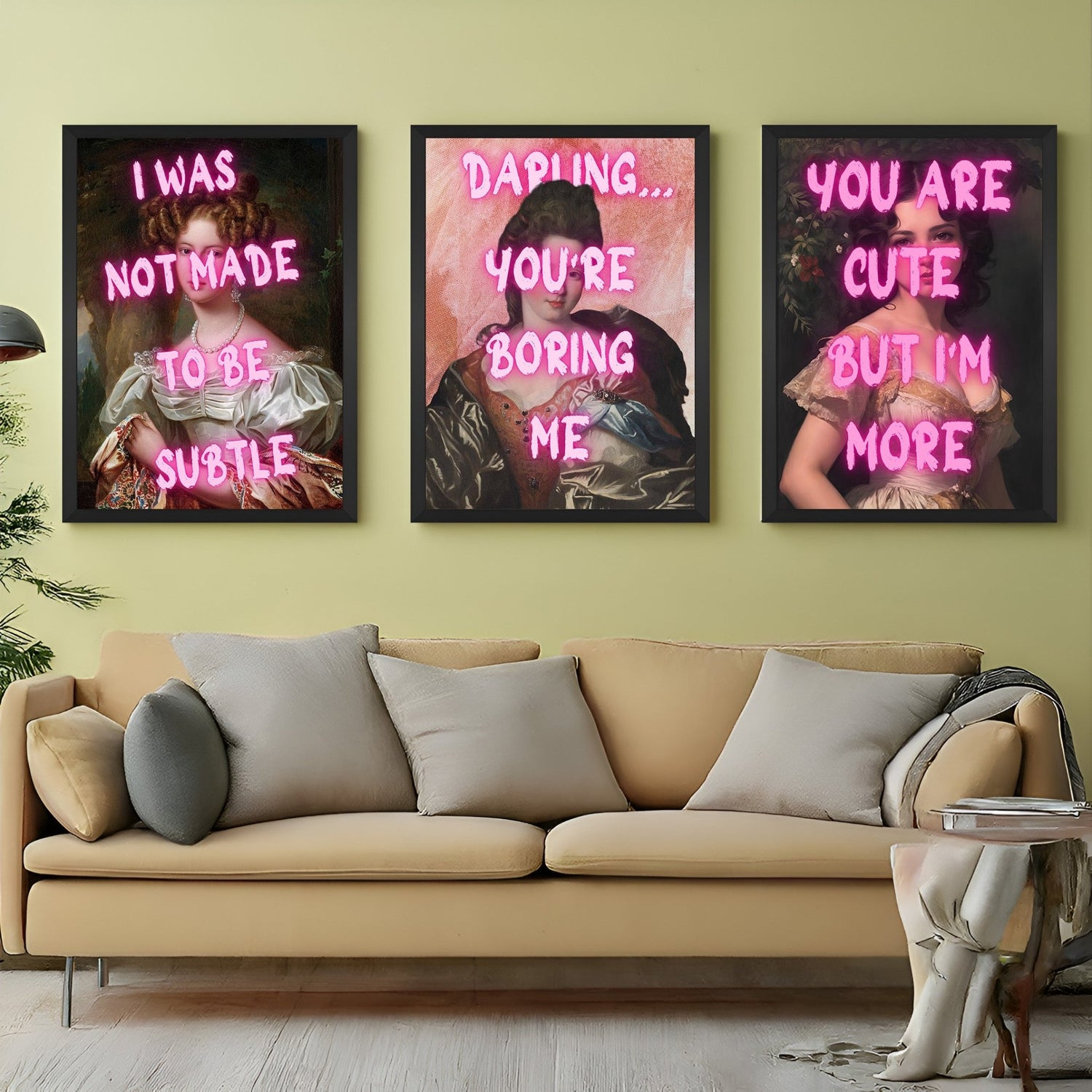 Wall display of a set of 3 sassy women canvas prints with pink text overlays, combining attitude, humor, and bold style for modern aesthetic decor