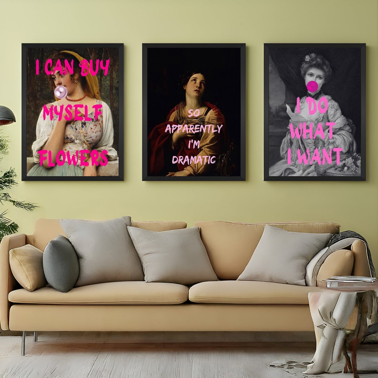 Wall display of a set of 3 sassy altered art canvas prints featuring bold female portraits, bubblegum visuals, and playful pink quotes, perfect for expressive and stylish decor
