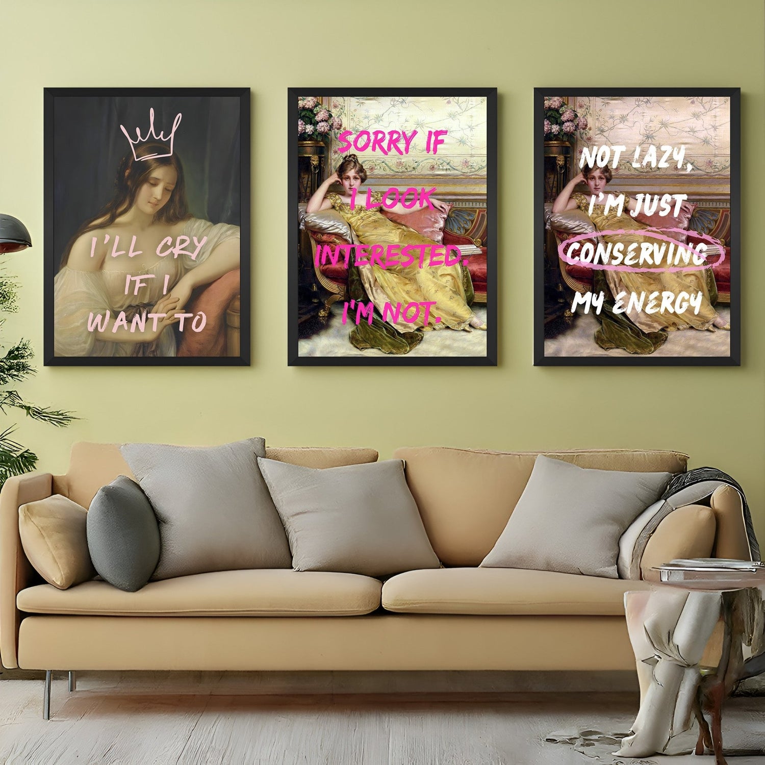Wall display of a set of 3 altered art canvas prints with expressive women on sofas and empowering text overlays, ideal for modern and bold home decor