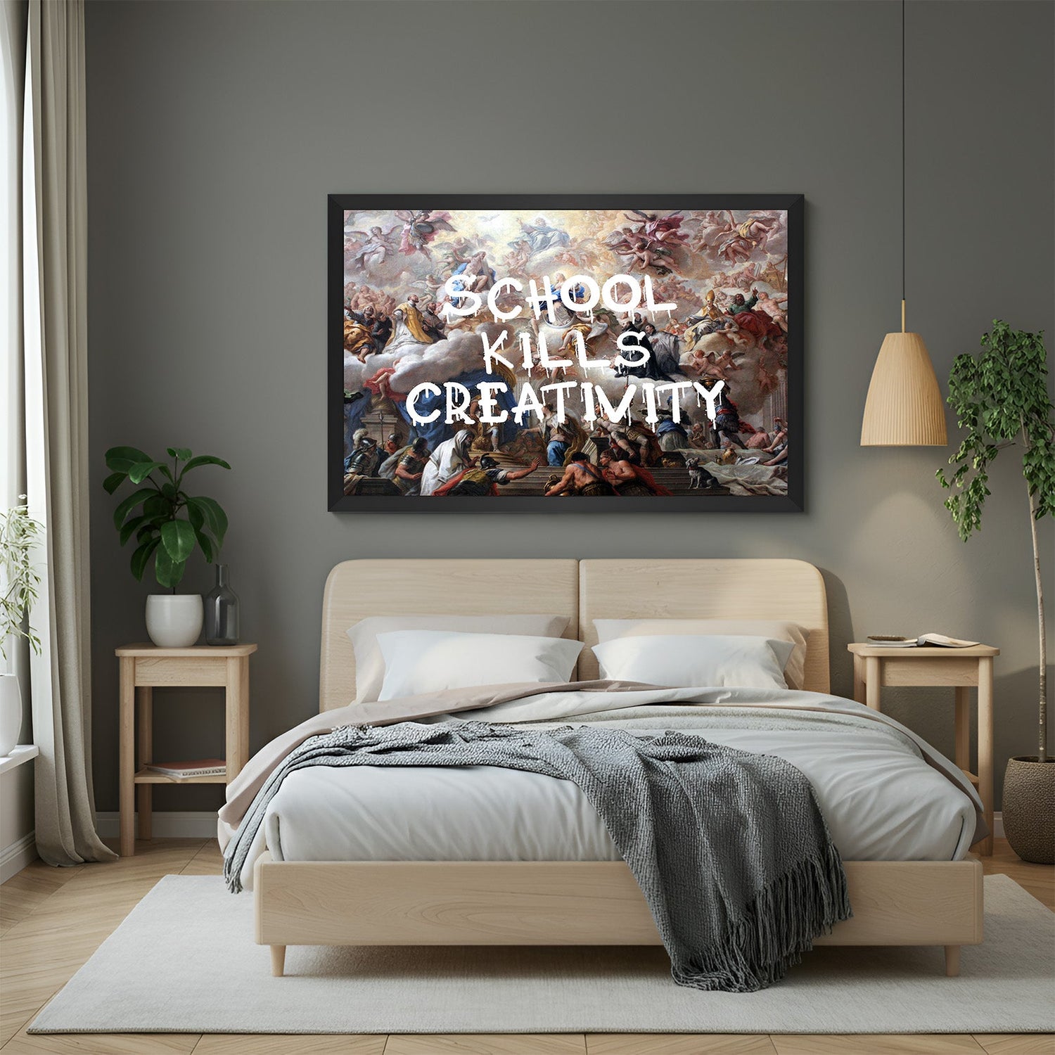Black-framed modern artwork with School Kills Creativity quote—edgy canvas print for bold home, office, or studio decor