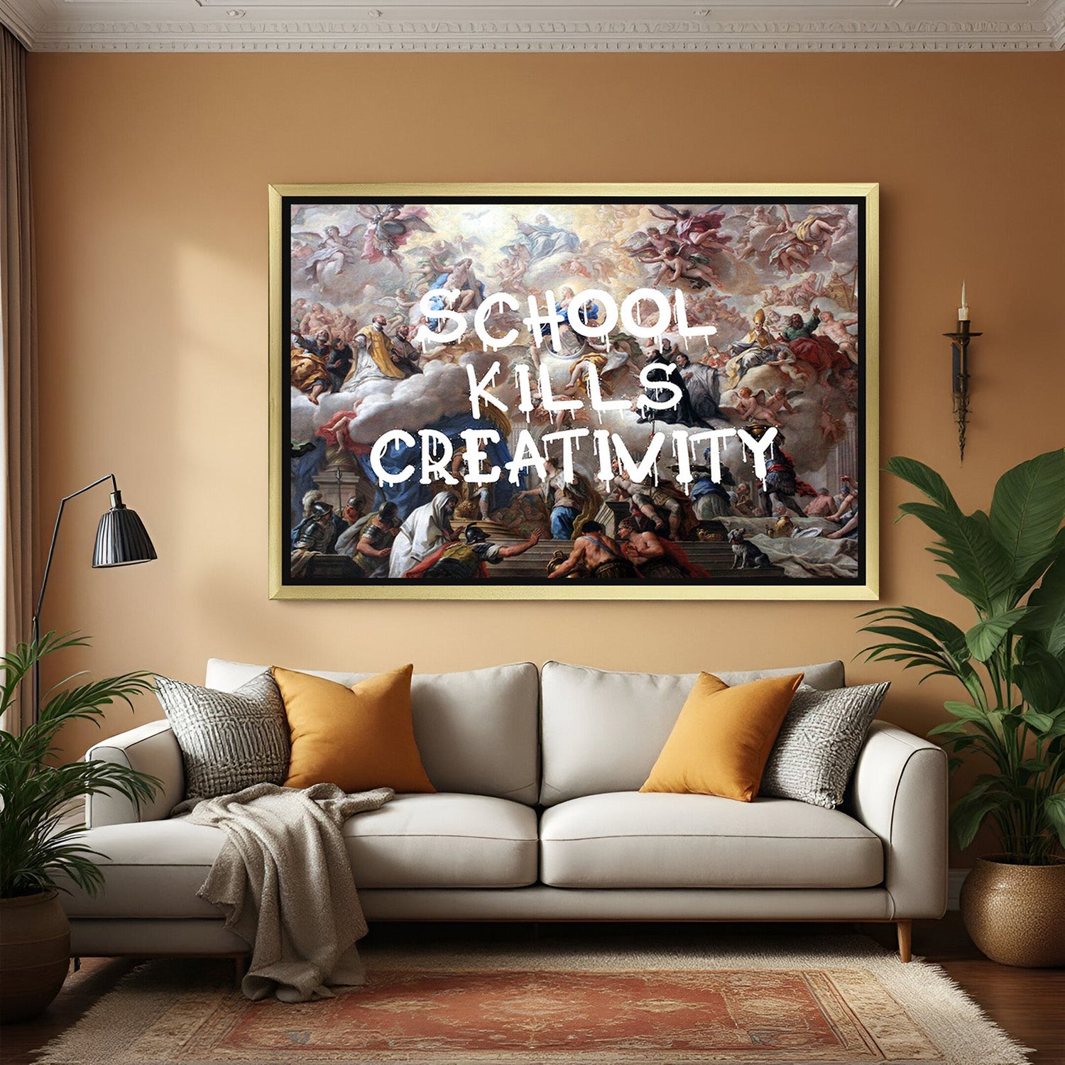 Golden-framed canvas featuring School Kills Creativity message in expressive painted style—powerful modern art for stylish and intellectual spaces
