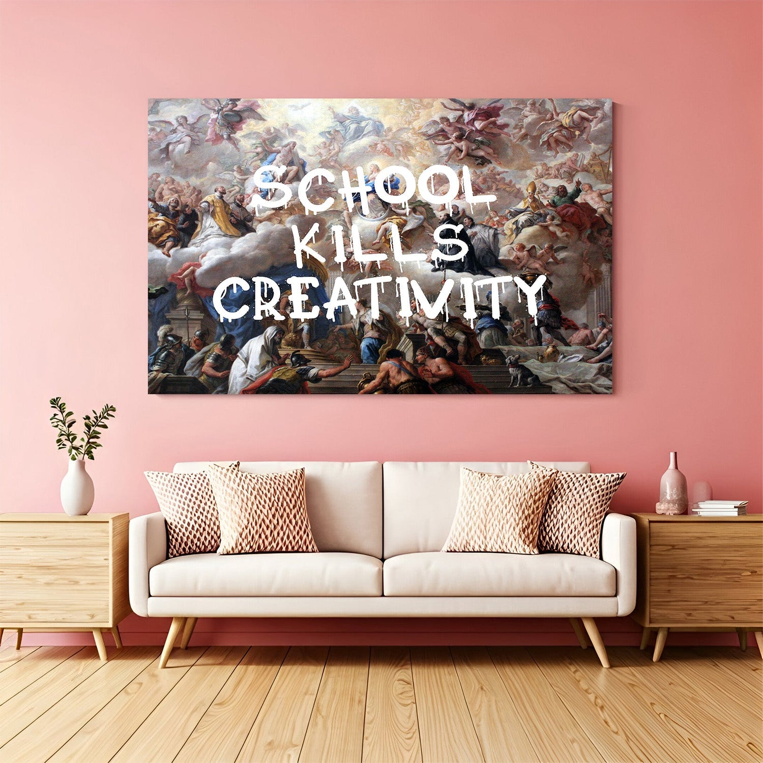 Modern canvas art stating “School Kills Creativity” in bold artistic style—thought-provoking wall decor for creative minds and contemporary interiors