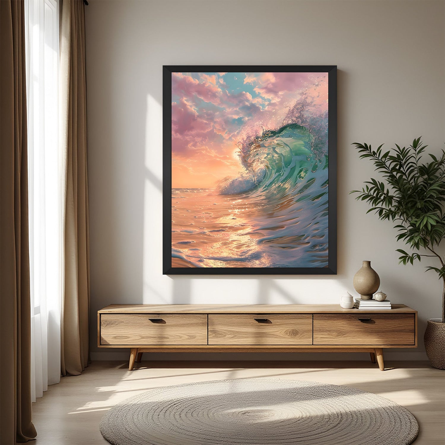 Ocean wave canvas painting framed in black floater, ideal for modern and minimal interiors with a calm, aquatic theme