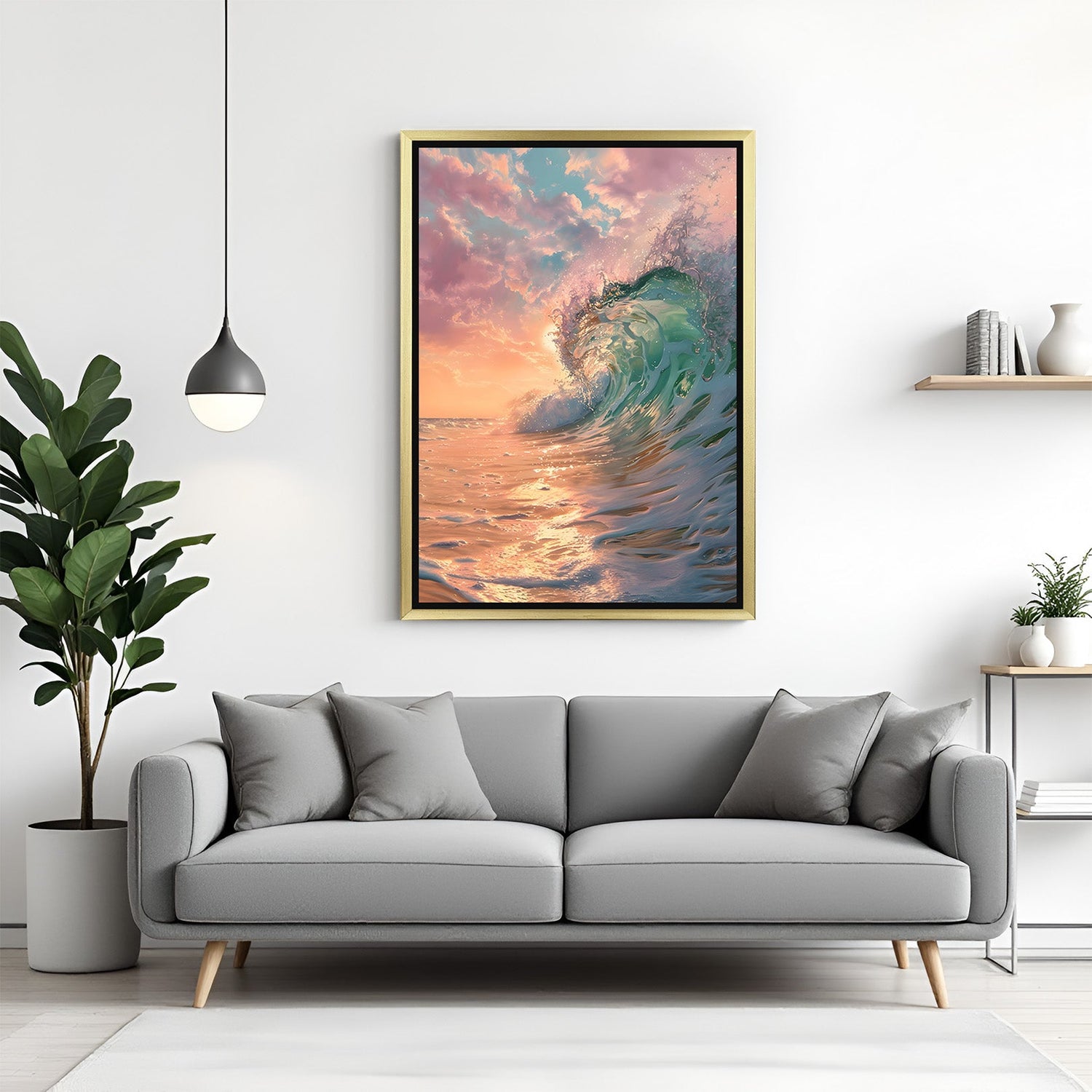 Sea wave wall art in golden floater frame, combining movement and elegance for stylish coastal and ocean-inspired spaces