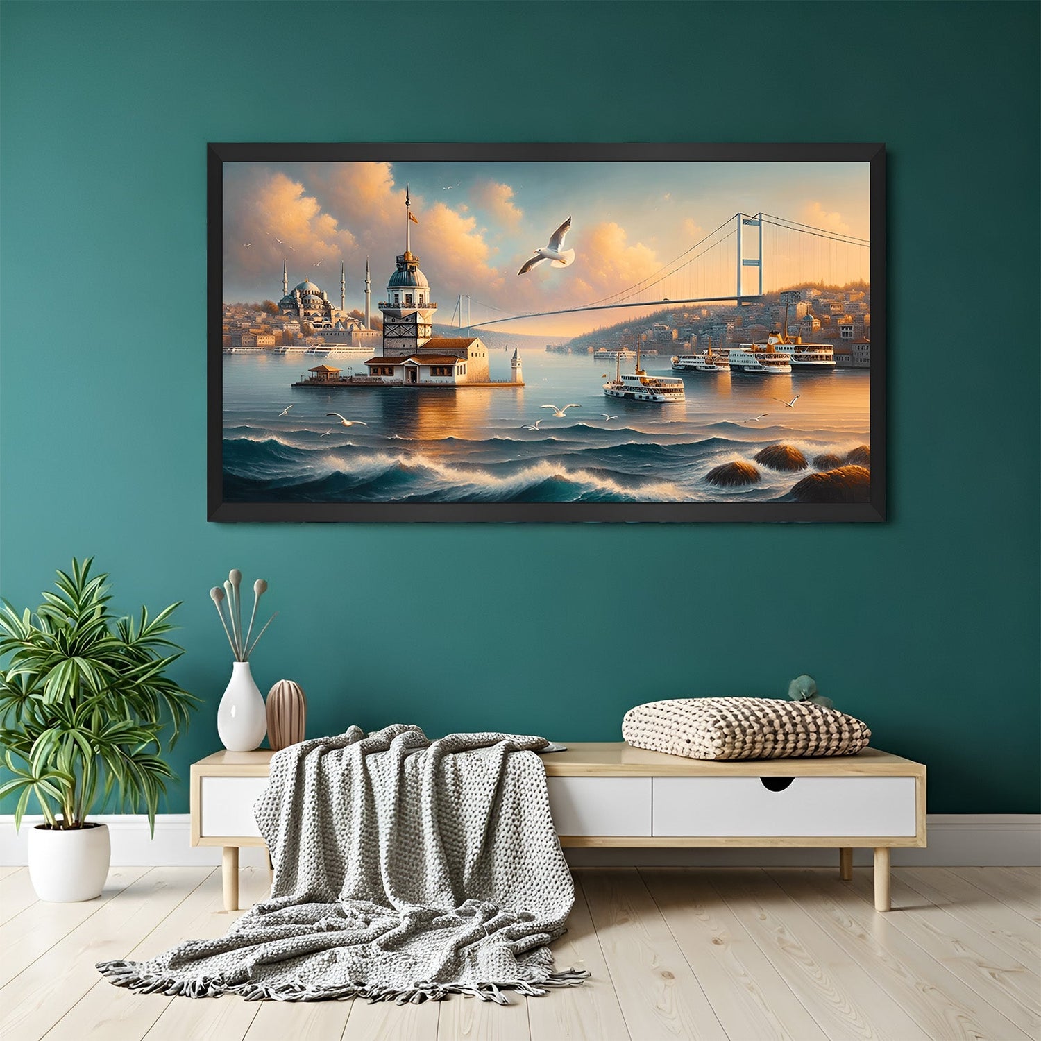 Seaside scenery painting featuring a city, bridge, and seagull above the sea, framed in black floater for contemporary and coastal wall decor