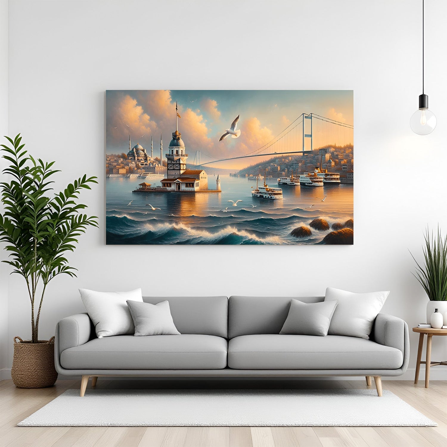 Canvas wall art of a scenic sea view with flying seagull, bridge, ships, and a small city skyline in the background, perfect for travel-inspired decor