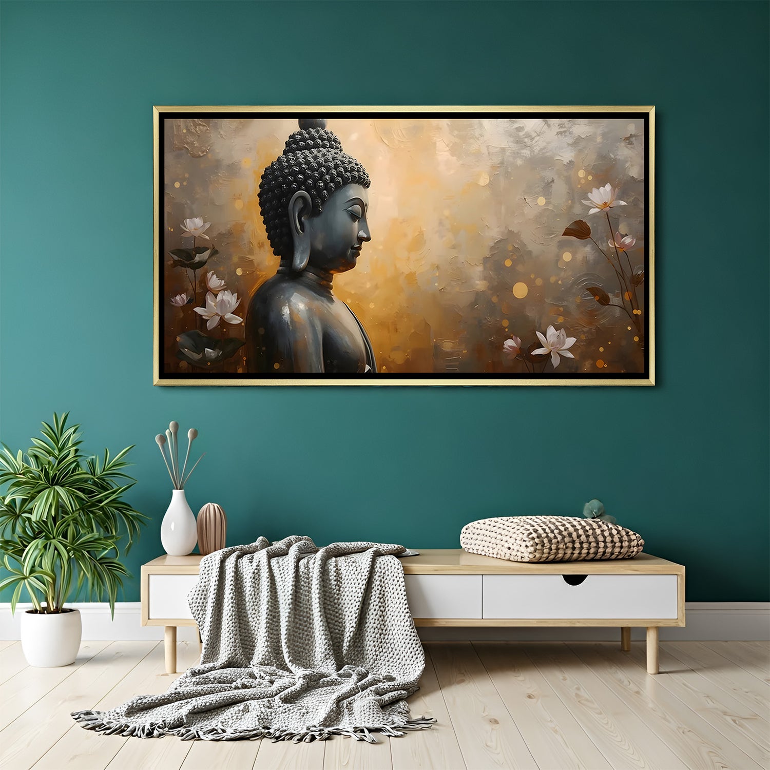 Serene Buddha wall art in luxury golden floater frame with lotus flower spiritual design