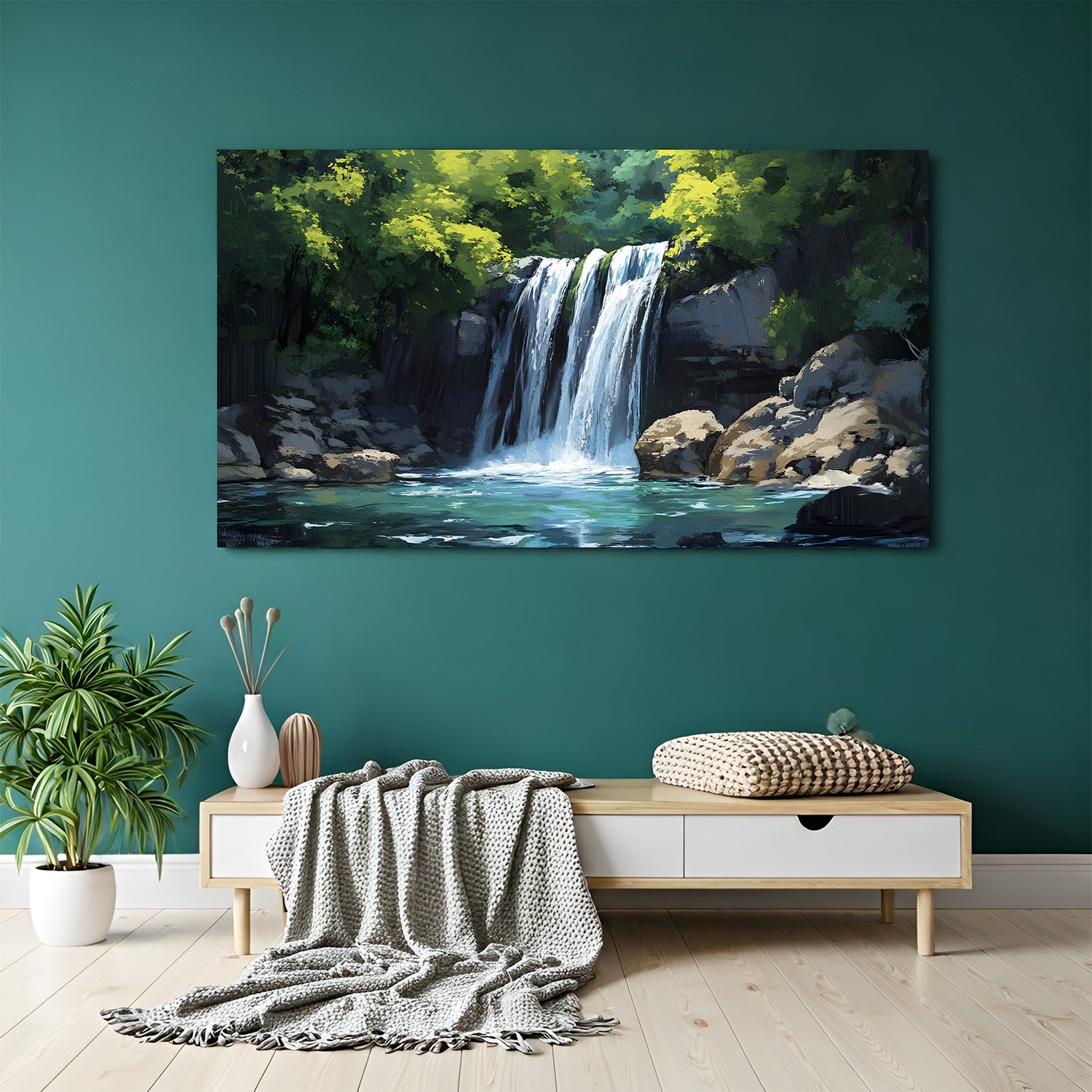 Serene forest waterfall canvas wall art with rocks and turquoise water