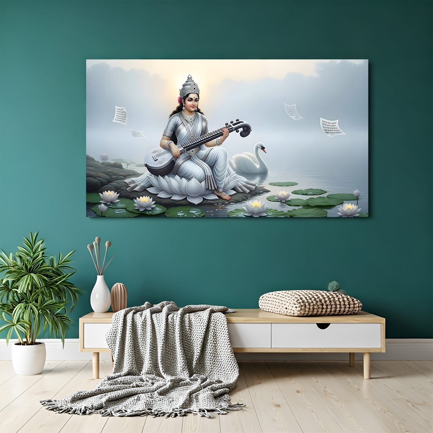 Serene Goddess Saraswati wall art canvas-wrapped print displayed in modern living room with teal wall and wooden console.