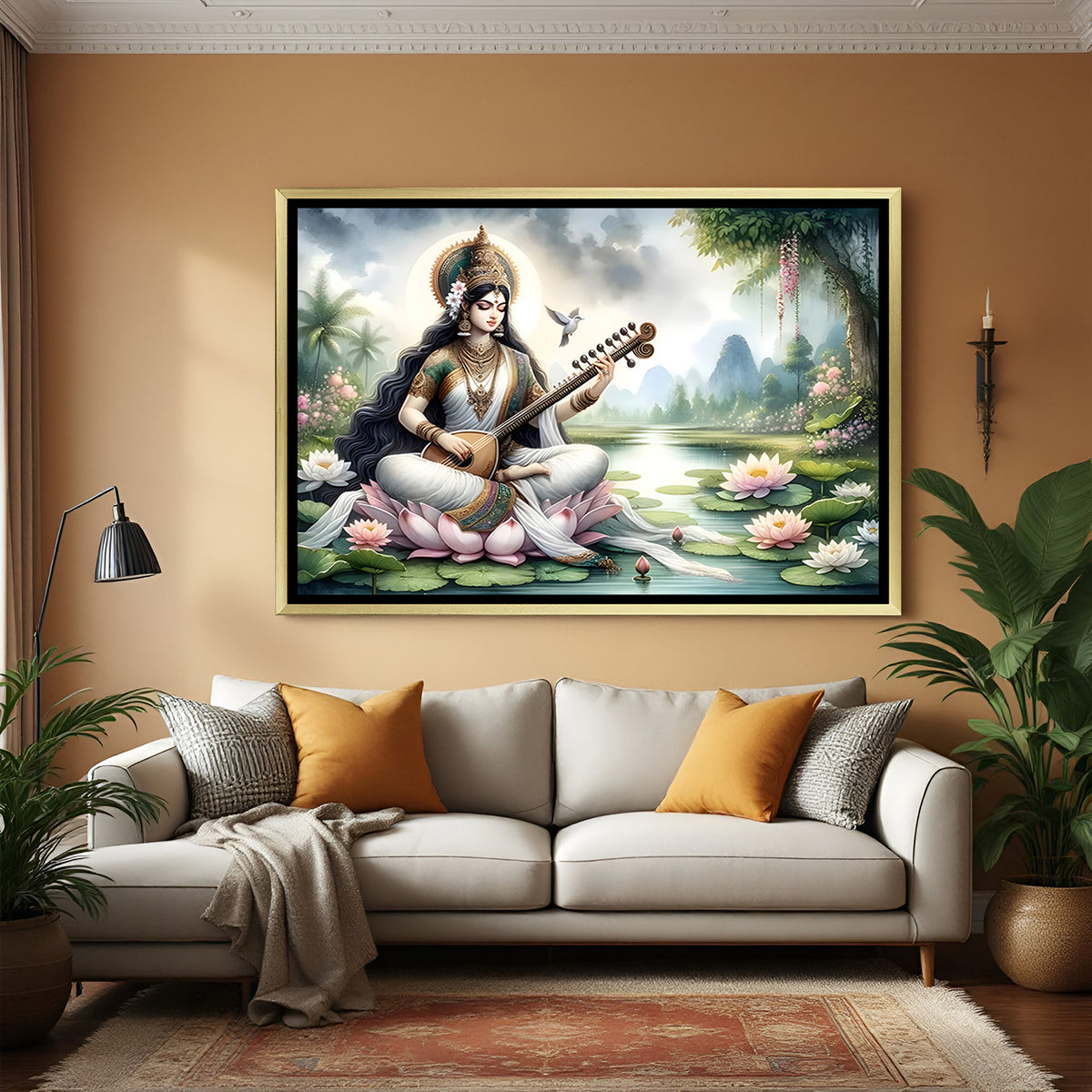 Elegant Saraswati lotus garden artwork in golden floater frame for home decor.