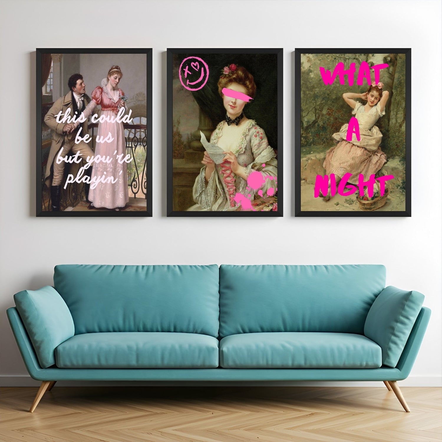 Canvas wall art set featuring three altered art prints: consoling couple with the quote “This Could Be Us But You’re Plain,” pink paint splash over woman’s face with smiley, and a thinking woman by a tree with the text “What a Night” – all framed in black
