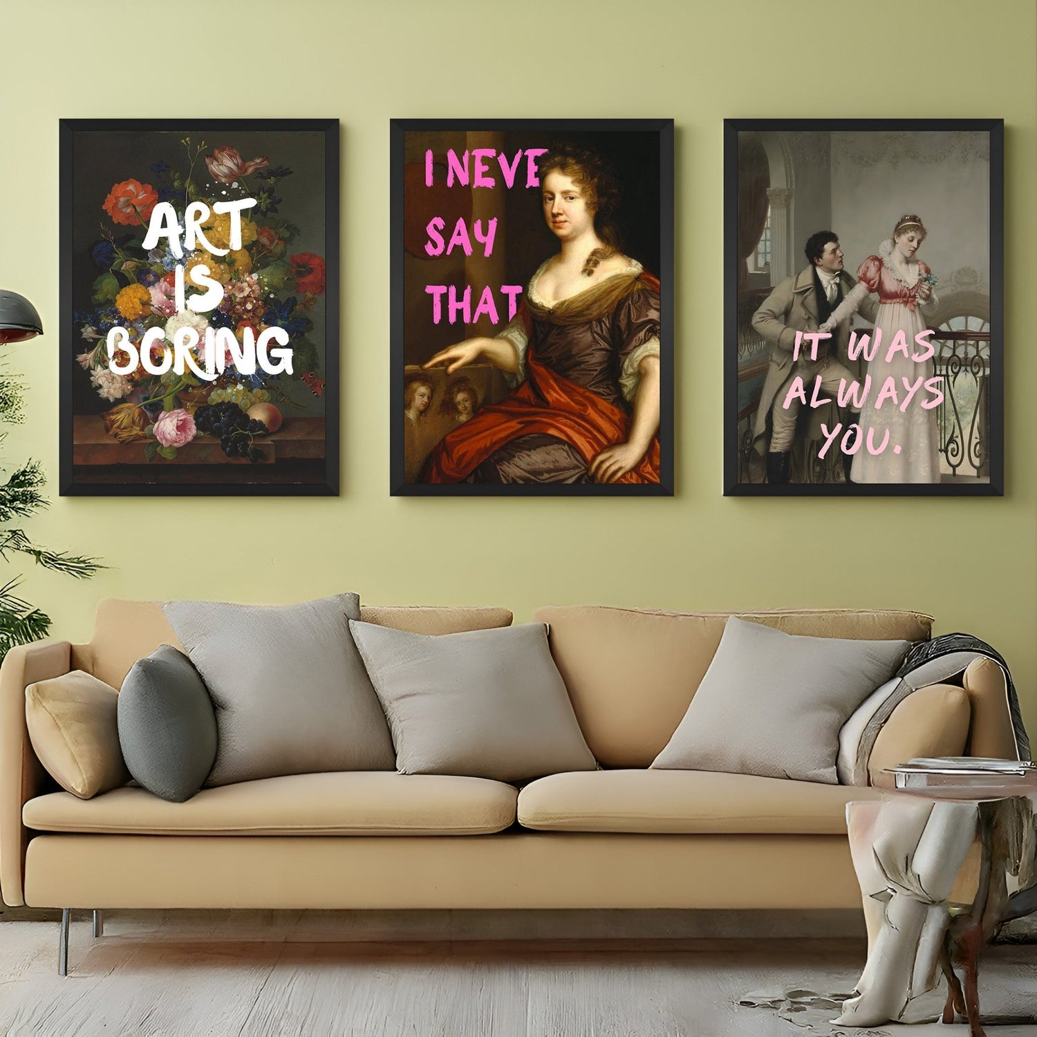 Canvas wall art set of three: floral art with the quote “Art Is Boring,” a woman with “I Never Said That,” and a romantic moment with the text “It Was Always You” – all in black frames for artistic interiors