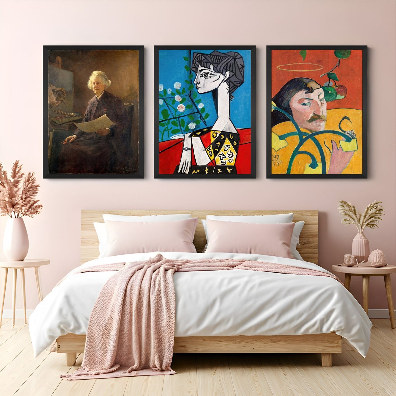 Canvas wall art set featuring Rosa Bonheur portrait by Klumpke, Jacqueline With Flowers by Picasso, and Gauguin’s Self Portrait with Halo and Snake – classic art trio for elegant home decor