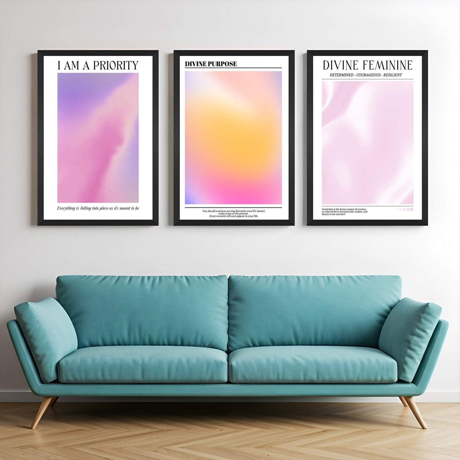 Minimalist aura canvas wall art in a set of 3 featuring abstract color gradients and healing energy themes – perfect for peaceful home decor
