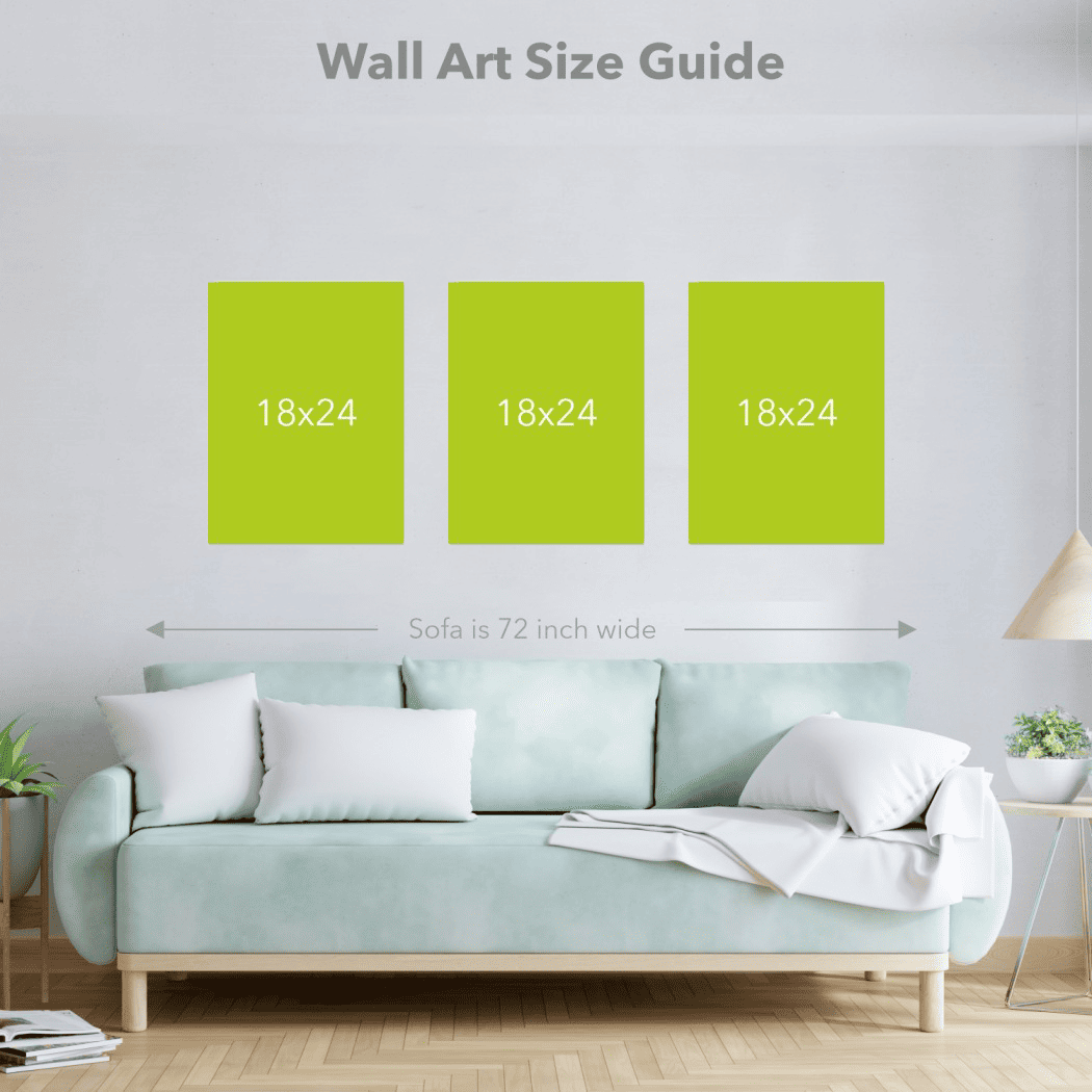 Image showing a set of 3 canvas wall art pieces, each in 18x24 inch portrait orientation, arranged side by side on a wall to represent the actual size, spacing, and visual impact in a stylish modern interior setting.