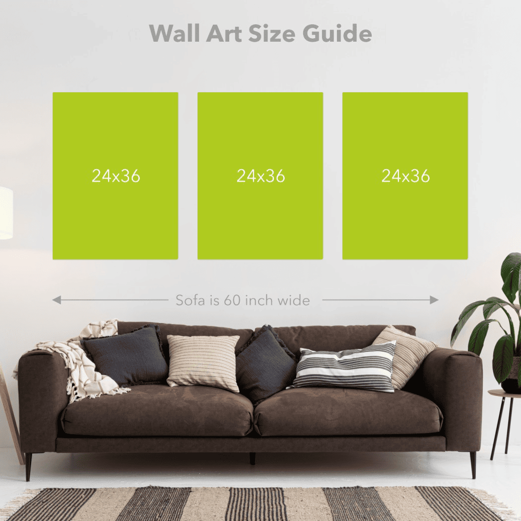 Visual display showing a set of 3 canvas wall art pieces, each sized 24x36 inches in portrait orientation, placed side by side on a wall to demonstrate layout, scale, and how the trio looks as a complete set in a modern interior setup.