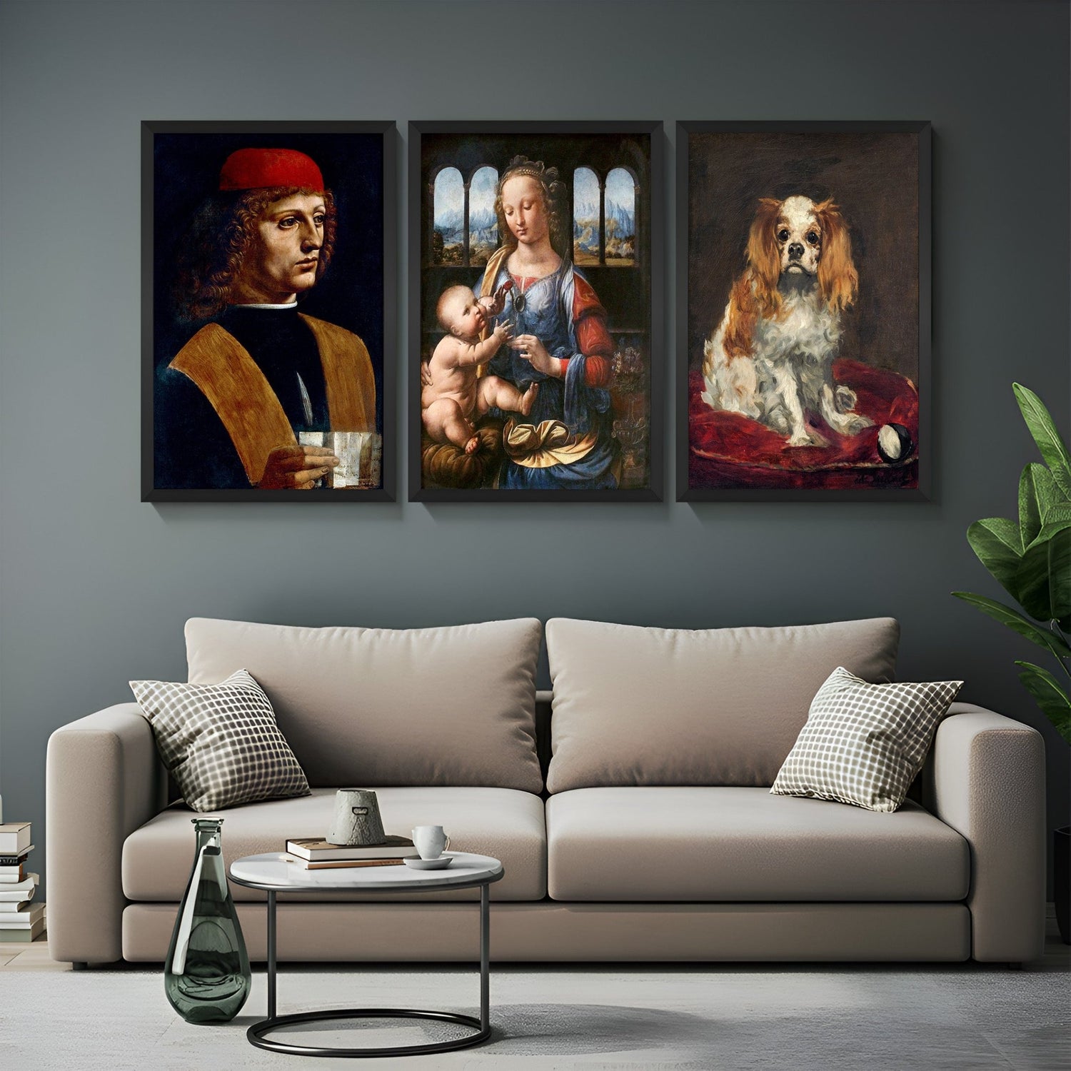 Canvas wall art set featuring da Vinci’s Portrait of a Musician, Madonna of the Carnation, and Manet’s King Charles Spaniel – elegant trio for timeless home decor