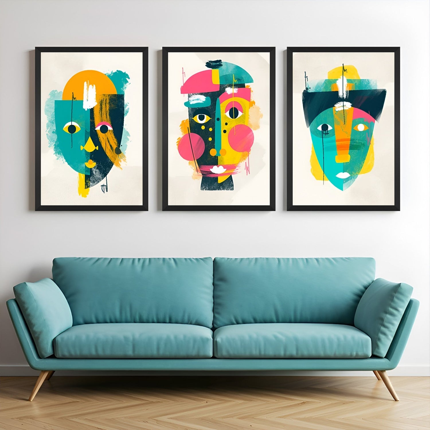 Canvas wall art set of three featuring Picasso-style abstract face drawings by DekoArte – bold line art with Cubist inspiration, perfect for modern home interiors