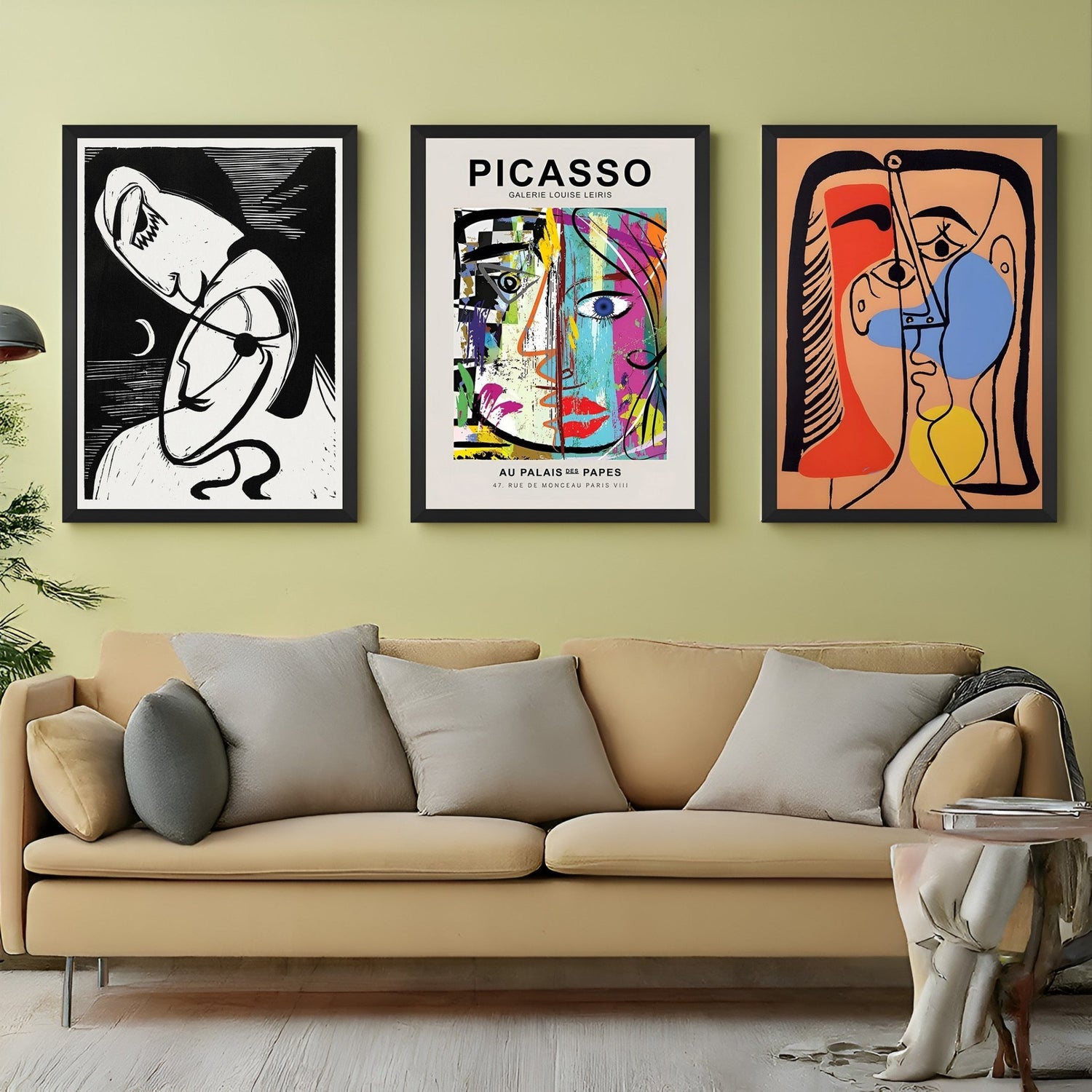 Canvas wall art set featuring The Kiss by Kirchner, Picasso Cubism exhibition poster, and Jacqueline with Smooth Hair by Picasso – artistic trio for modern home decor