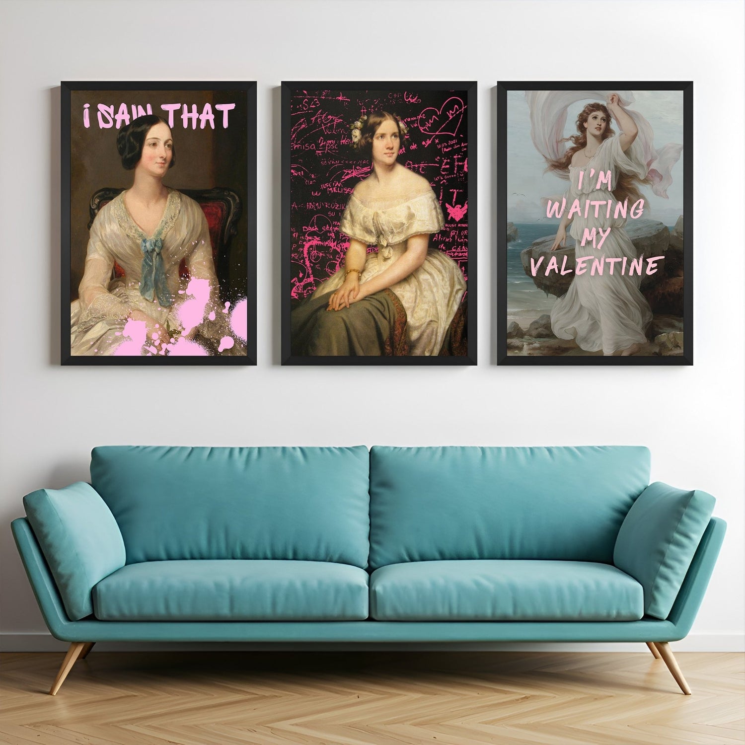 Canvas wall art set featuring three expressive women with texts “I Saw That,” a brain-themed calculation scene, and “Waiting for My Valentine” – all in black floater frames for modern home decor
