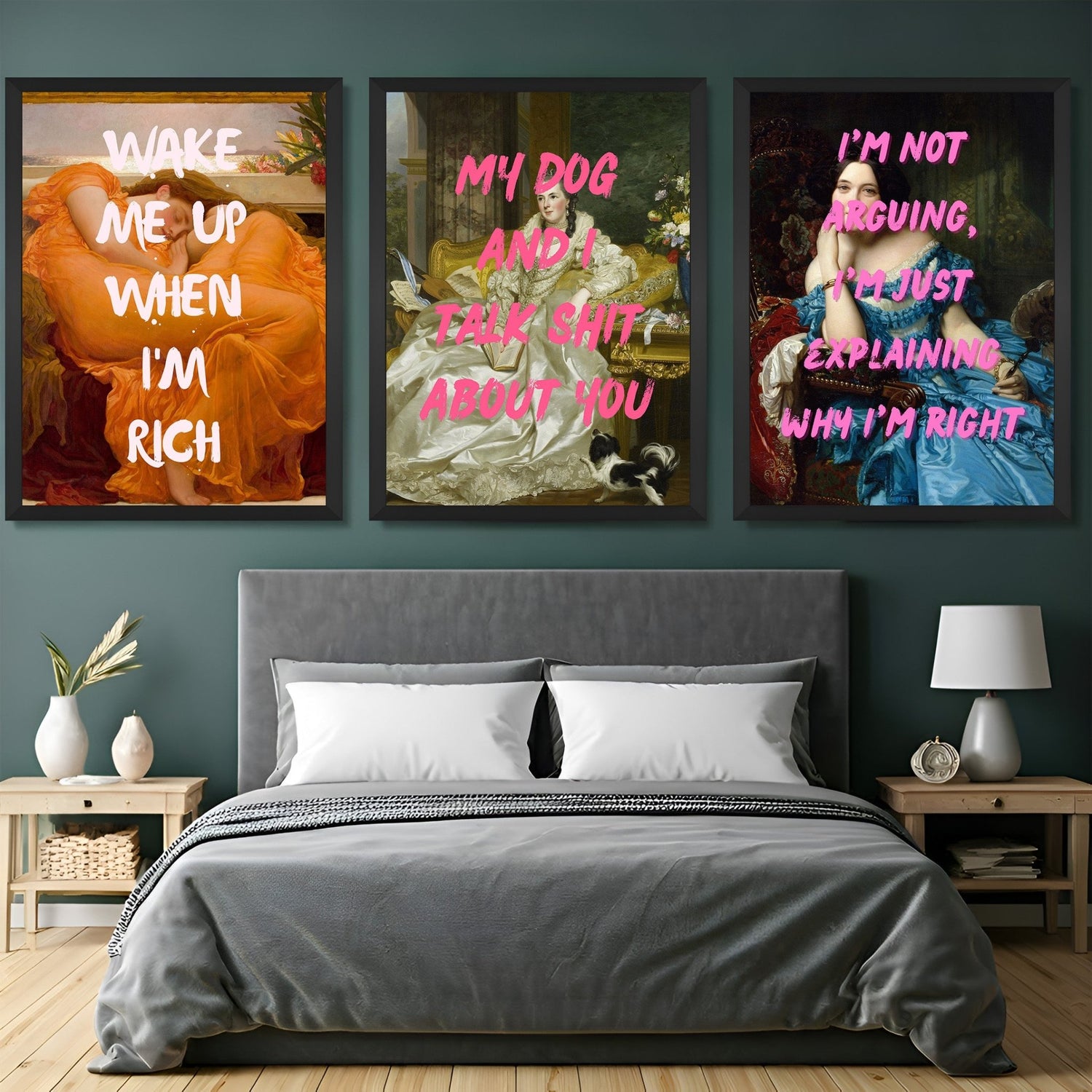 Canvas wall art set featuring three altered art prints: woman sleeping with “Wake Me Up When I’m Rich,” woman with dog and “My Dog and I Talk Shit About You,” and attitude pose with “I’m Just Explaining Why I’m Right” – all in black floater frames for bold interiors