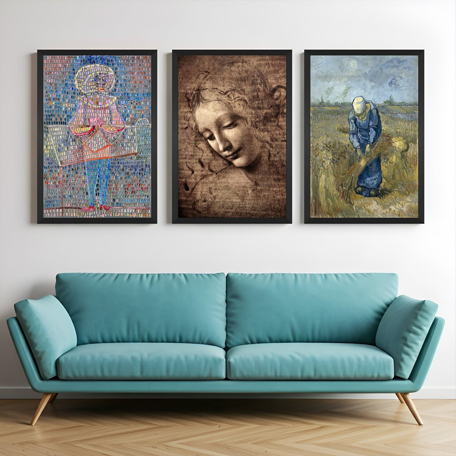 Canvas wall art trio featuring Boy in Fancy Dress by Paul Klee, La Scapigliata by Leonardo da Vinci, and Van Gogh’s Peasant Woman Binding Sheaves – a timeless vintage mix