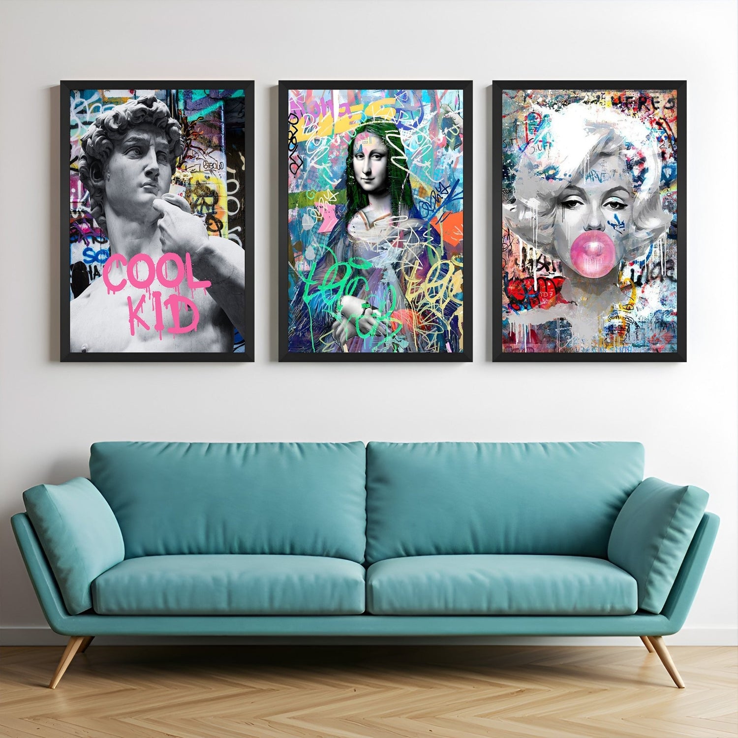Canvas wall art trio featuring David, Mona Lisa, and a girl blowing bubble gum in modern altered style with black floater frames, perfect for fun and contemporary interiors