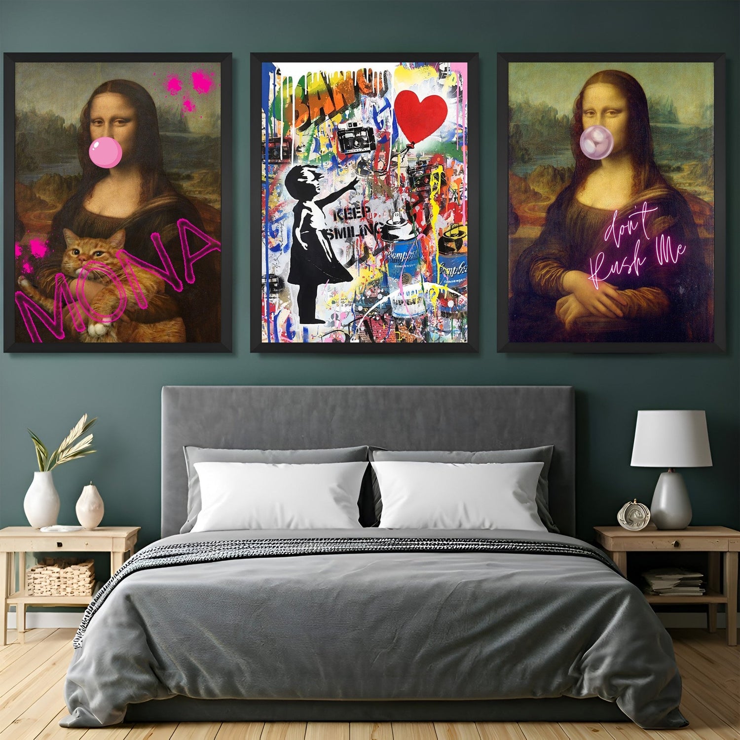 Canvas wall art trio featuring two altered Mona Lisa artworks with the texts “MONA” and “Don’t Rush Me,” plus a modern abstract altered canvas — all in sleek black floater frames for bold interior styling