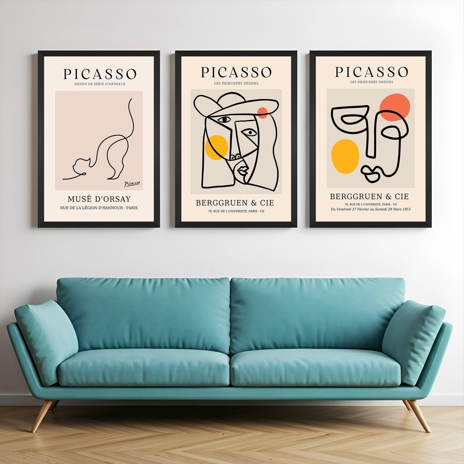 Canvas wall art set featuring three Picasso-inspired one-line drawings: a cat figure, an abstract face, and a single-line human face sketch – minimalist black-framed prints for modern decor
