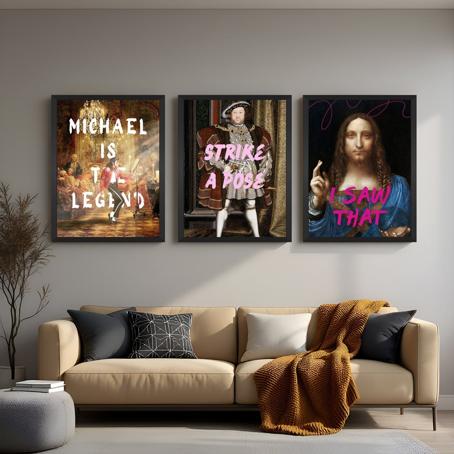 Canvas wall art trio featuring Michael Jackson dancing, a Strike a Pose artwork, and Jesus with the quote “I Saw That”, all in black floater frames for stylish and expressive interiors