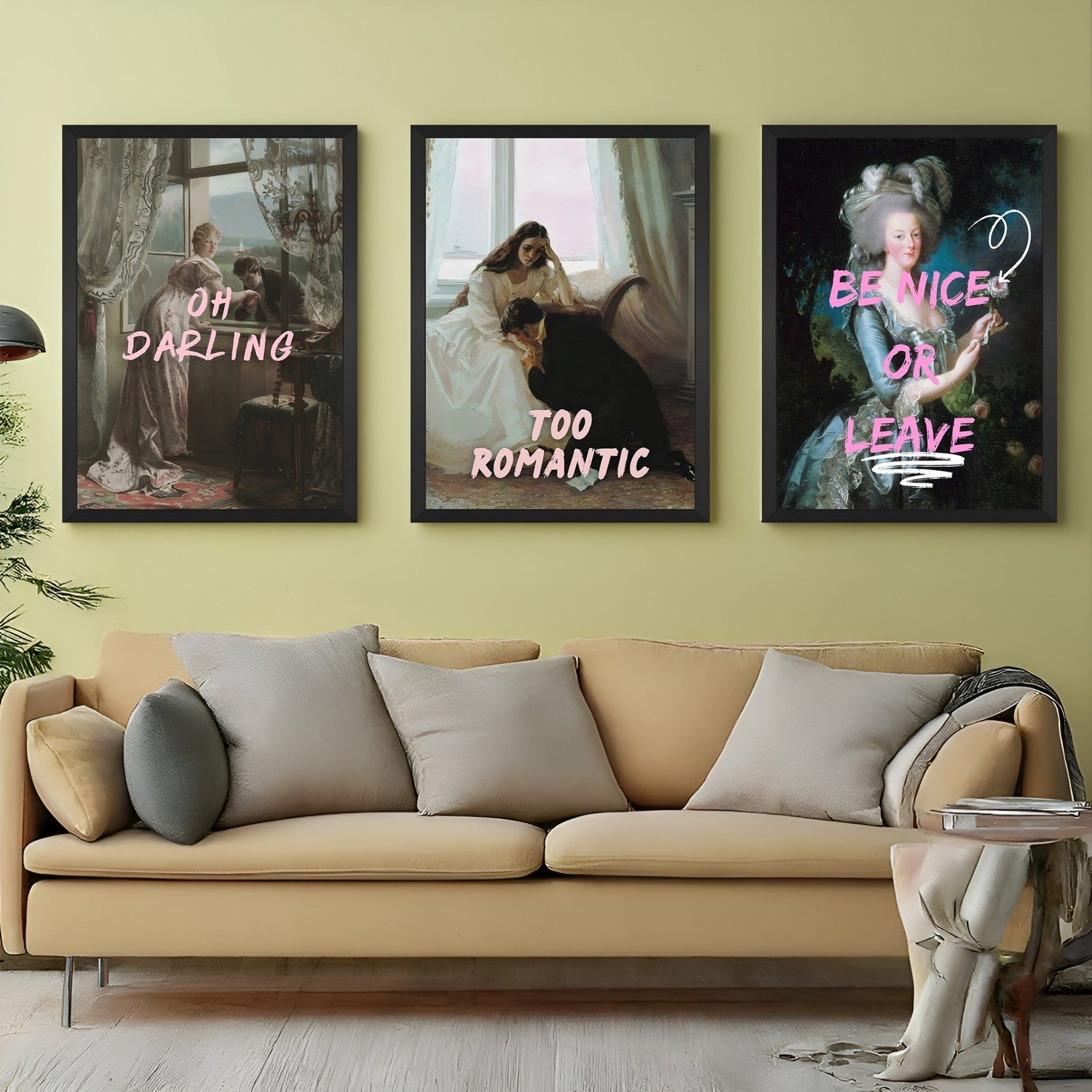 Canvas wall art set featuring three altered art prints: man kissing woman’s hand with “Oh Darling,” romantic kneeling scene with “Too Romantic,” and a stylish girl with the quote “Be Nice or Leave” – all framed in sleek black for chic interiors