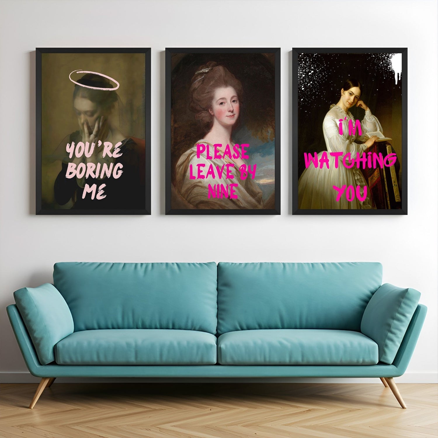 Canvas wall art set showing three expressive women with sassy quotes: “You Are Boring Me,” “Please Leave by Nine,” and “I’m Watching You” – all framed in black for modern interiors