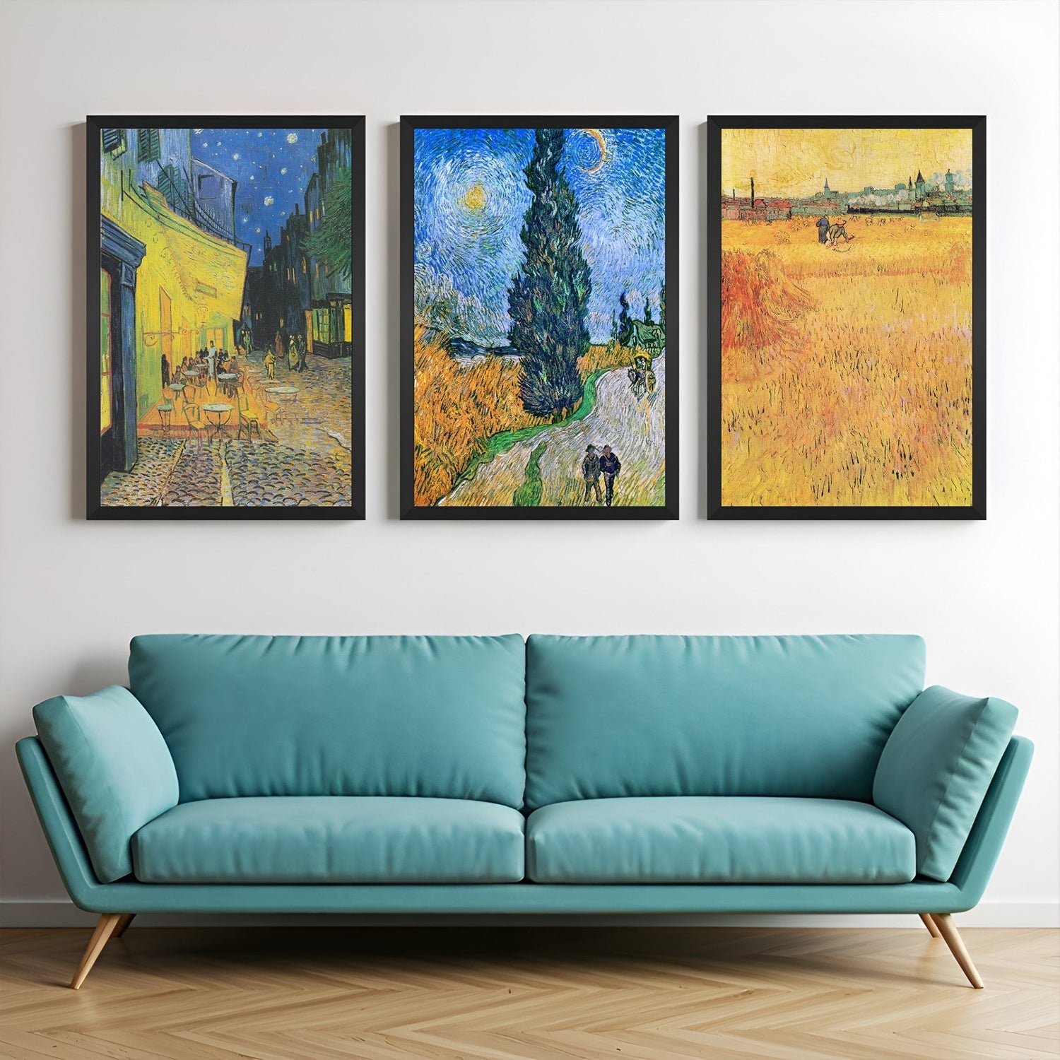 Canvas wall art set with three scenic Van Gogh prints – Café Terrace at Night, Road with Cypress and Star, and Wheat Field with View of Arles