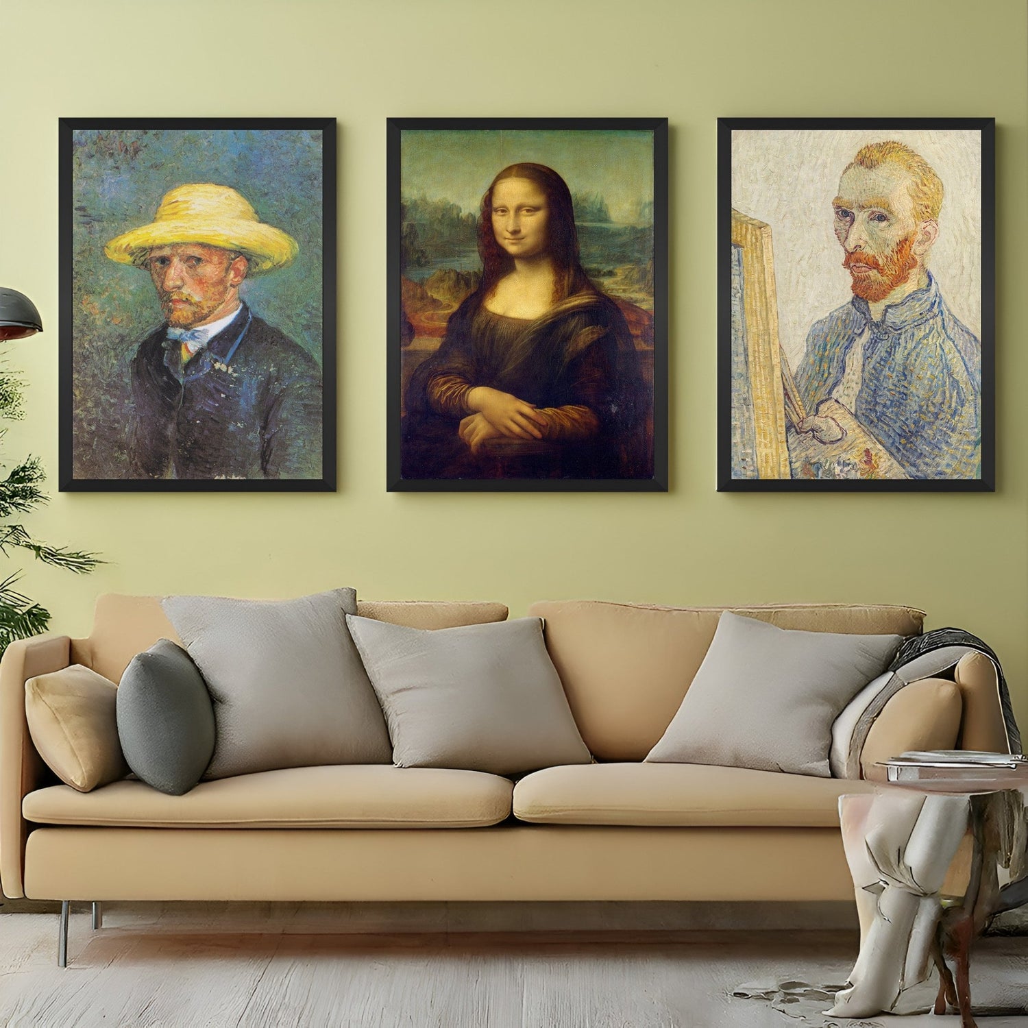 Canvas wall art set featuring two self-portraits by Van Gogh and the Mona Lisa by Leonardo da Vinci – iconic art trio in black frames for timeless interior decor