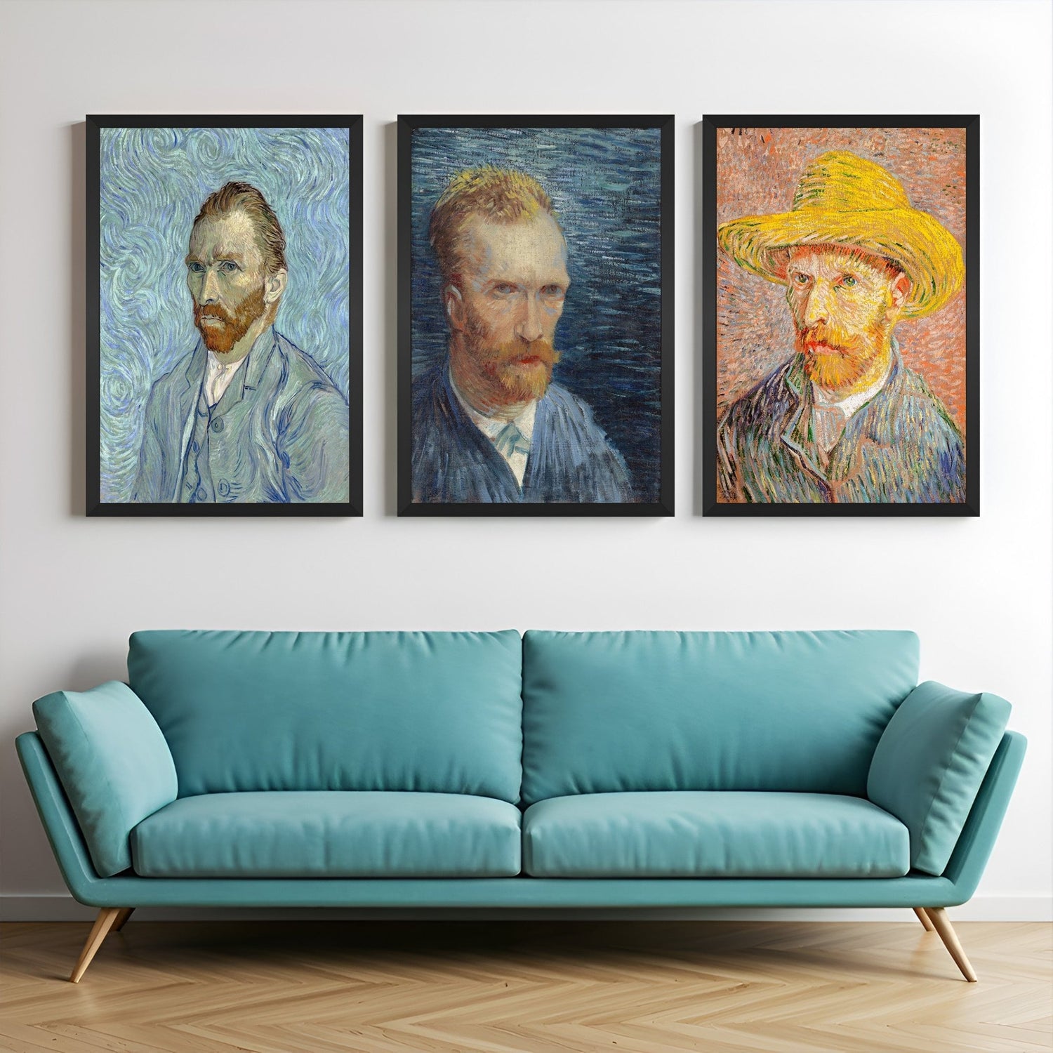Canvas wall art set featuring three expressive self-portraits by Vincent van Gogh – iconic post-impressionist artworks in black frames for art-inspired interiors